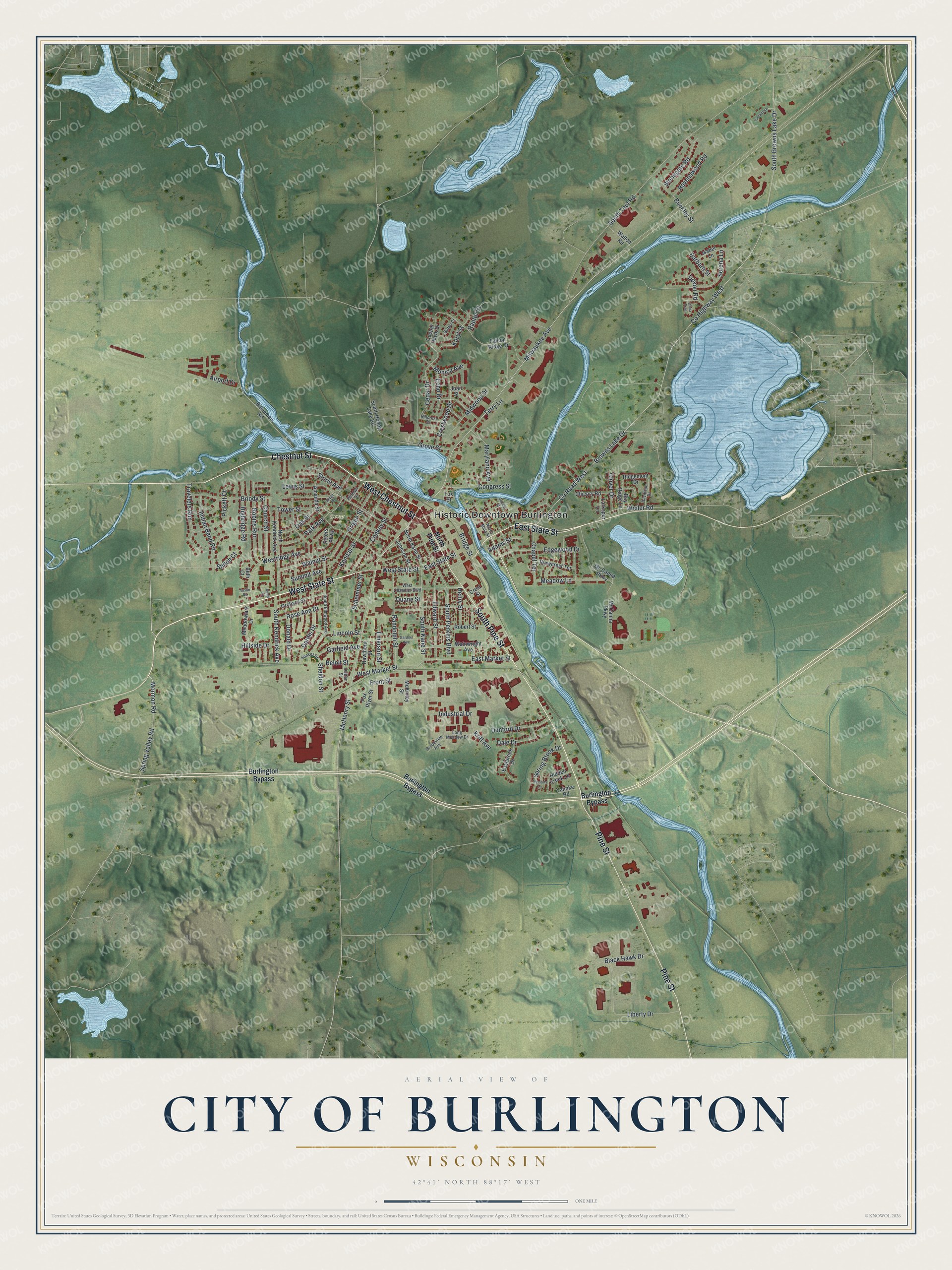 Full map of Burlington, Wisconsin, with red buildings, printed street names and the land around them