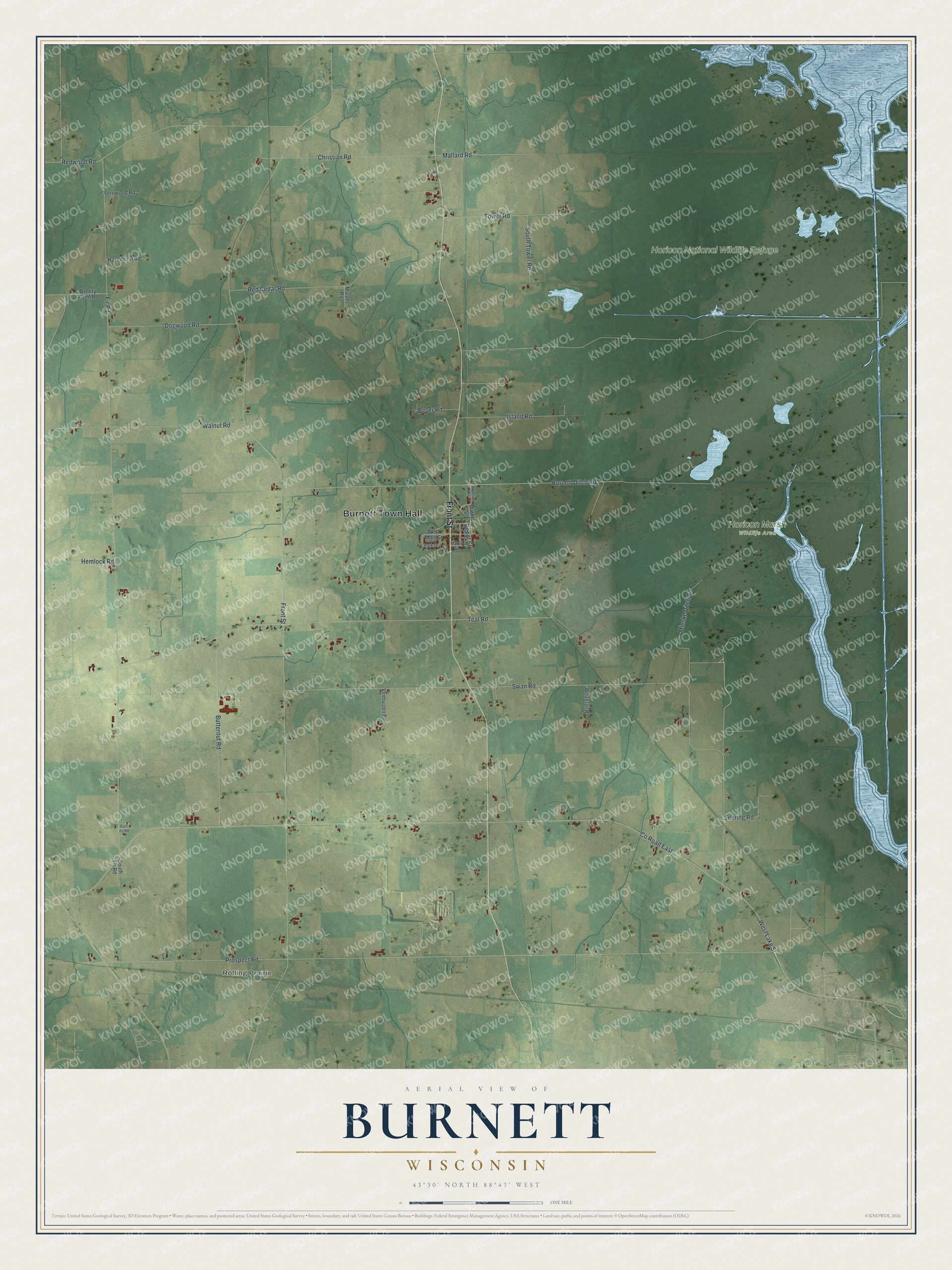 Full map of Burnett, Wisconsin, with red buildings, printed street names and the land around them