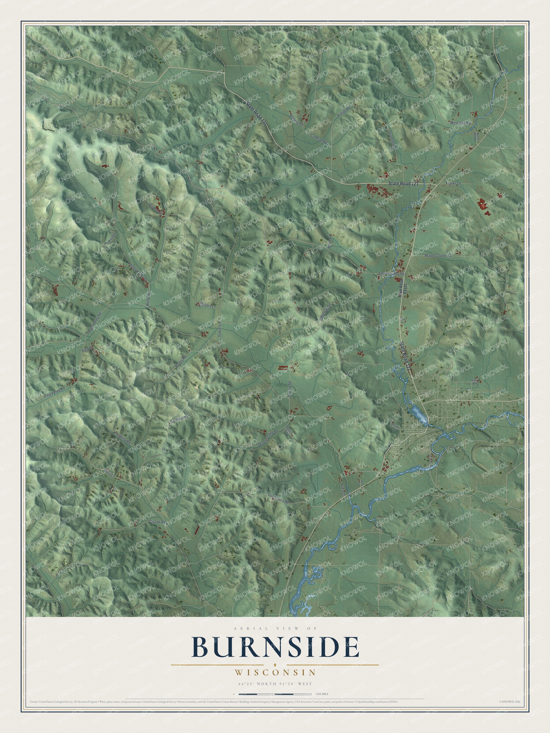 Full map of Burnside, Wisconsin, with red buildings, printed street names and the land around them