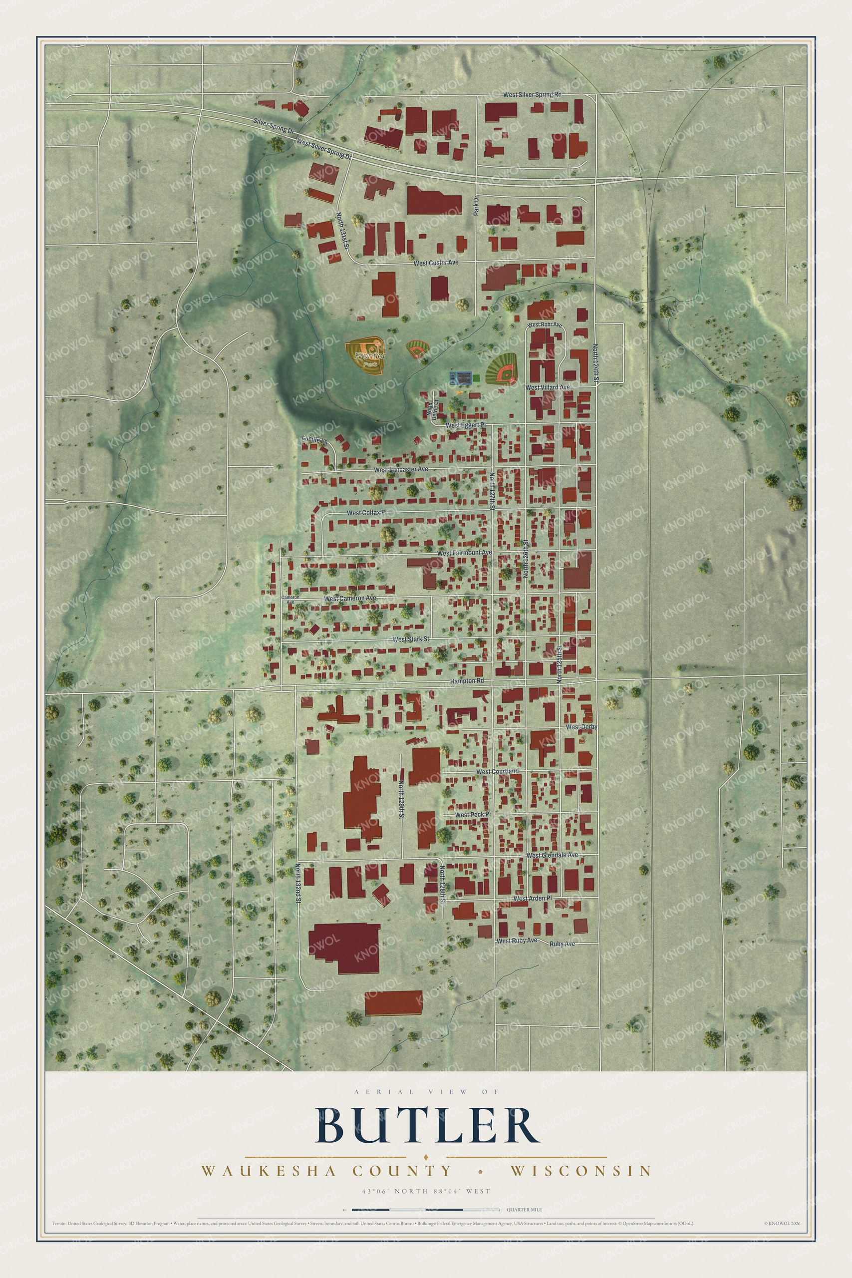 Full map of Butler, Wisconsin, with red buildings, printed street names and the land around them
