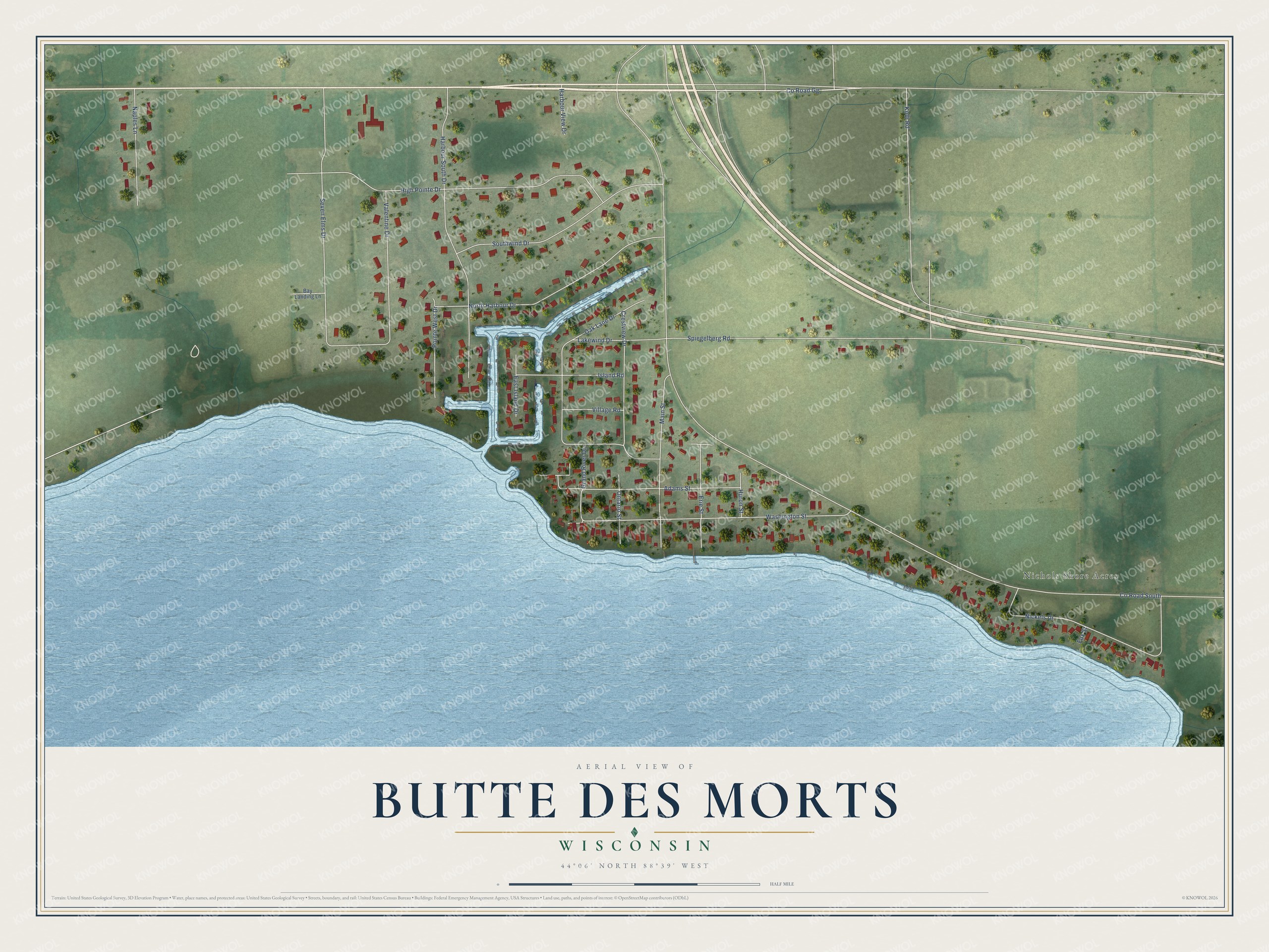 Full map of Butte des Morts, Wisconsin, with red buildings, printed street names and the land around them