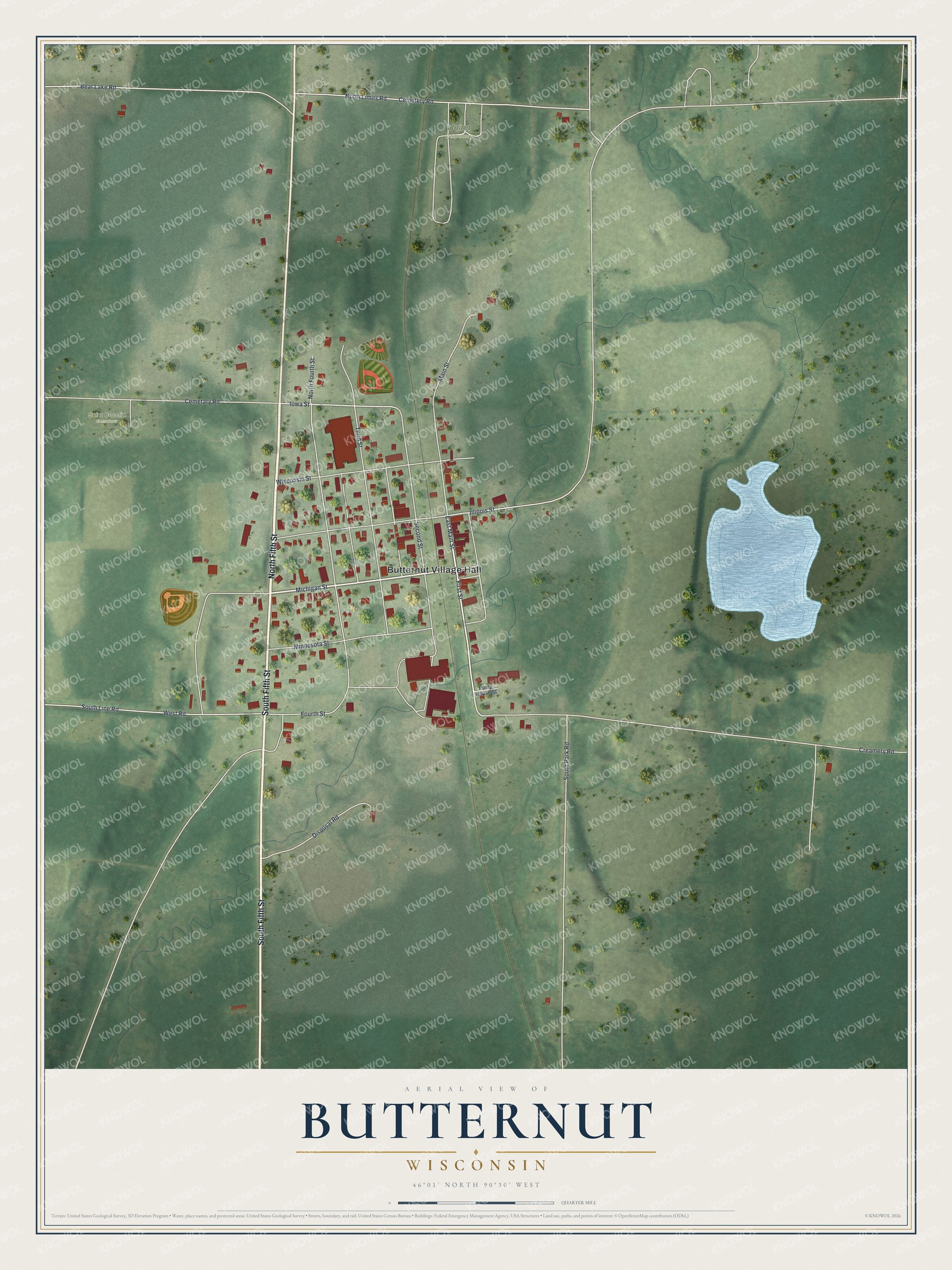 Full map of Butternut, Wisconsin, with red buildings, printed street names and the land around them