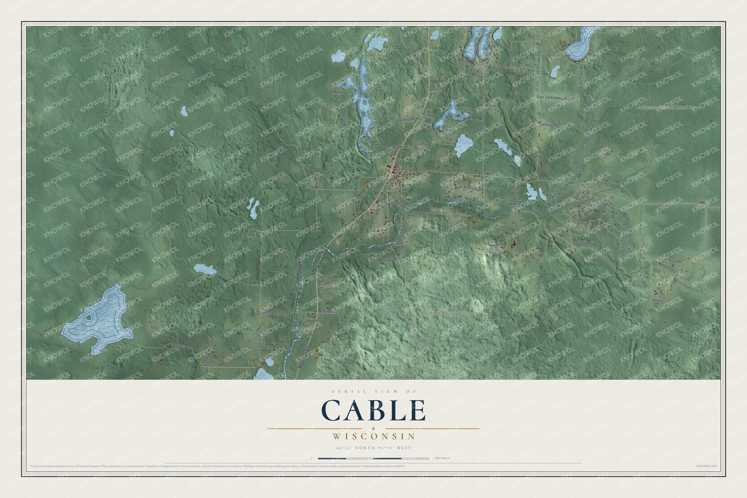 Full map of Cable, Wisconsin, with red buildings, printed street names and the land around them