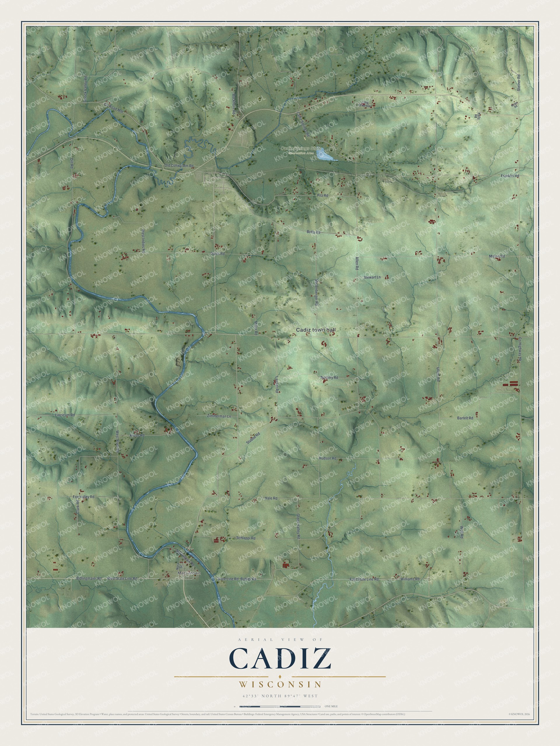 Full map of Cadiz, Wisconsin, with red buildings, printed street names and the land around them