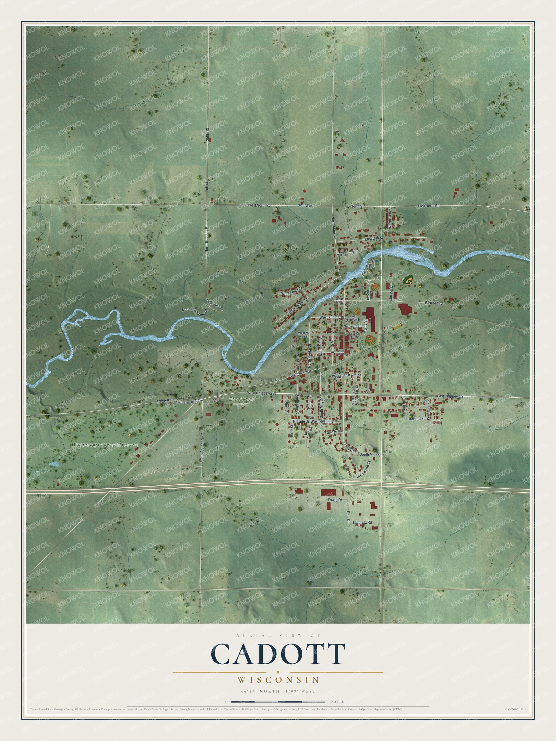 Full map of Cadott, Wisconsin, with red buildings, printed street names and the land around them