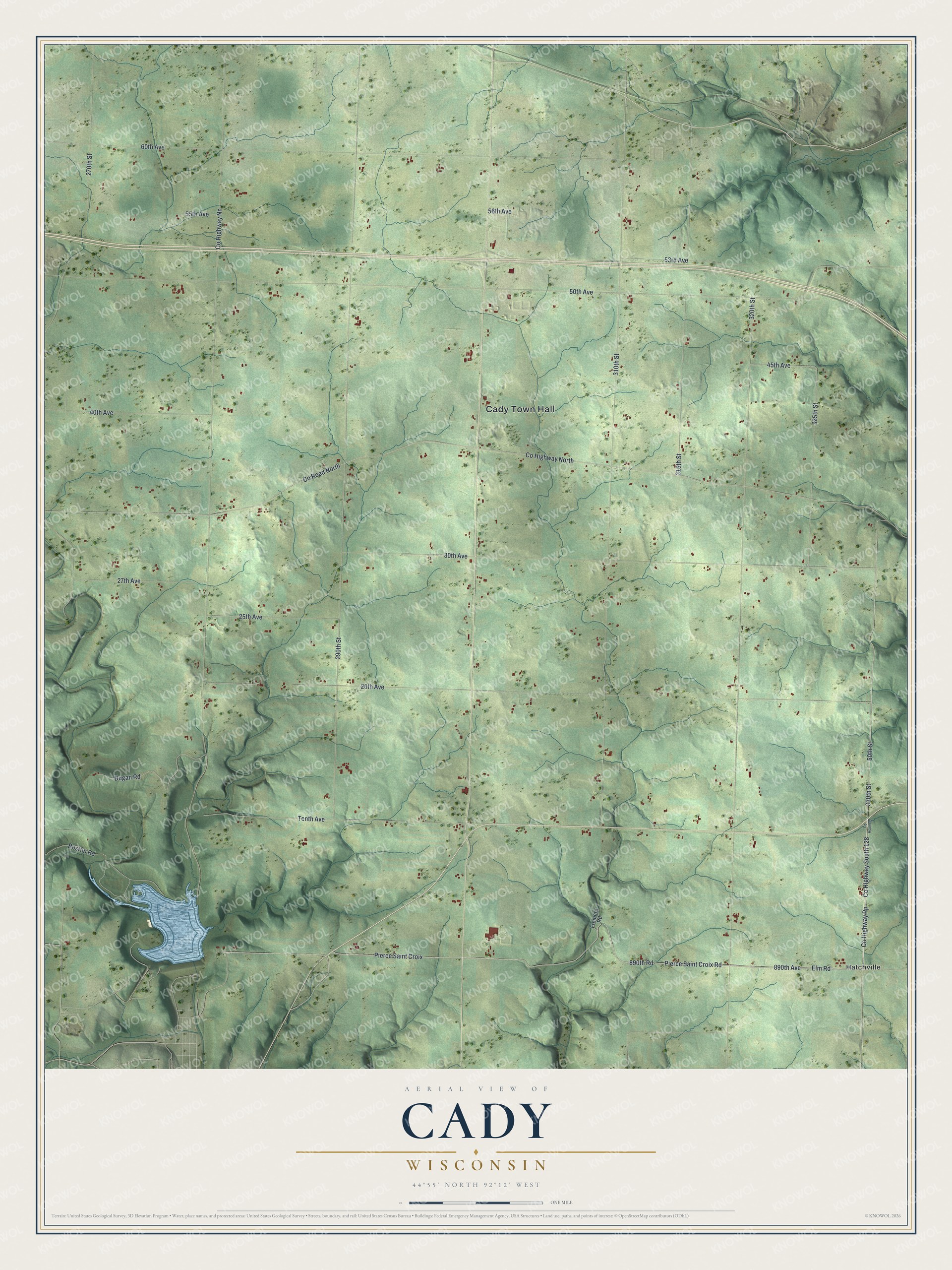 Full map of Cady, Wisconsin, with red buildings, printed street names and the land around them