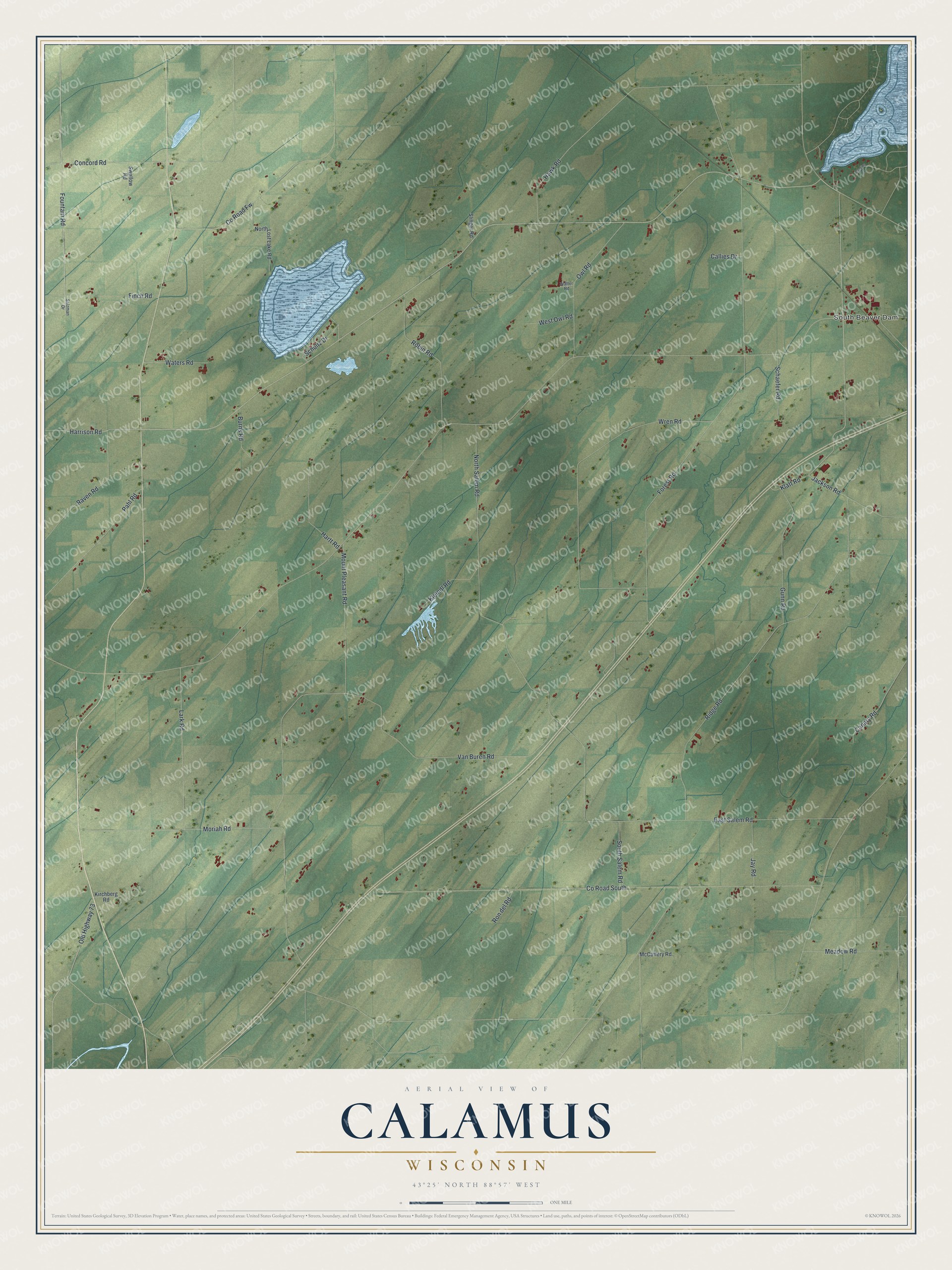 Full map of Calamus, Wisconsin, with red buildings, printed street names and the land around them