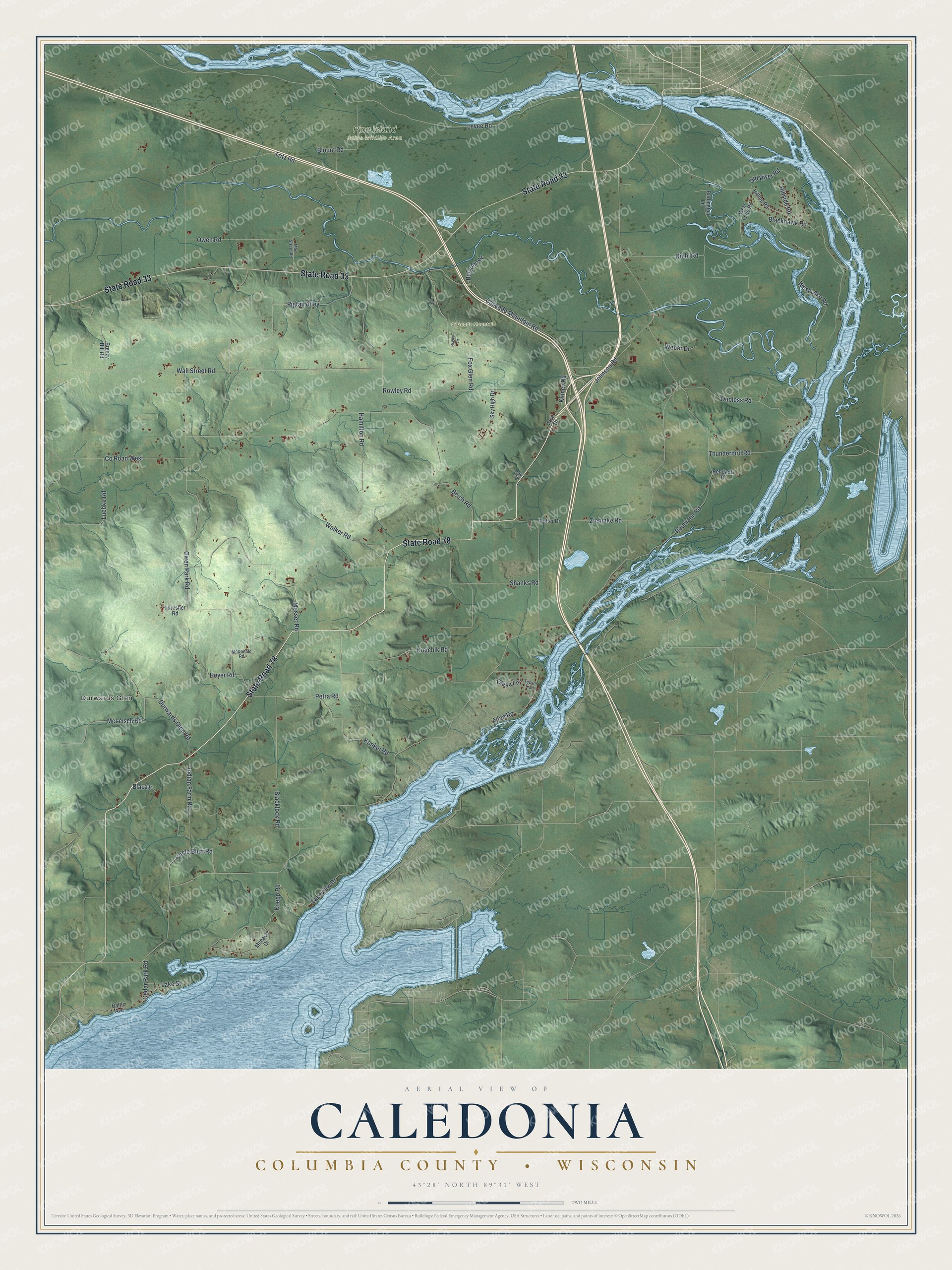 Full map of Caledonia, Wisconsin, with red buildings, printed street names and the land around them