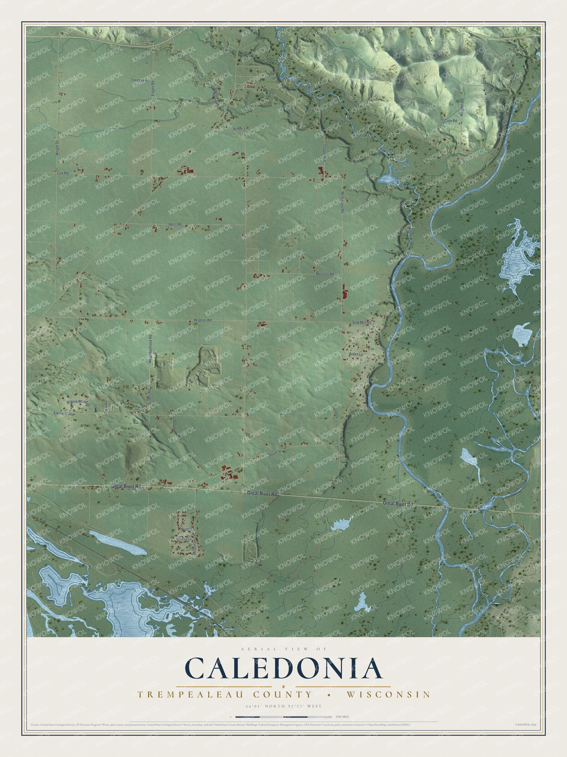 Full map of Caledonia, Wisconsin, with red buildings, printed street names and the land around them