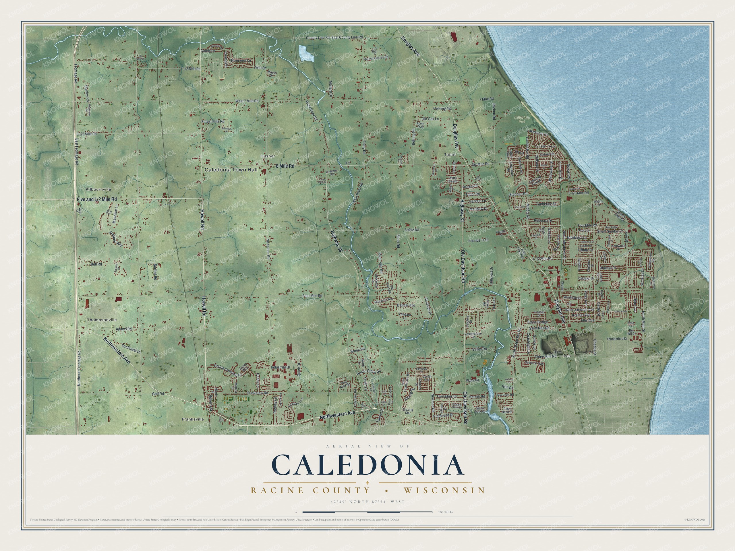 Full map of Caledonia, Wisconsin, with red buildings, printed street names and the land around them