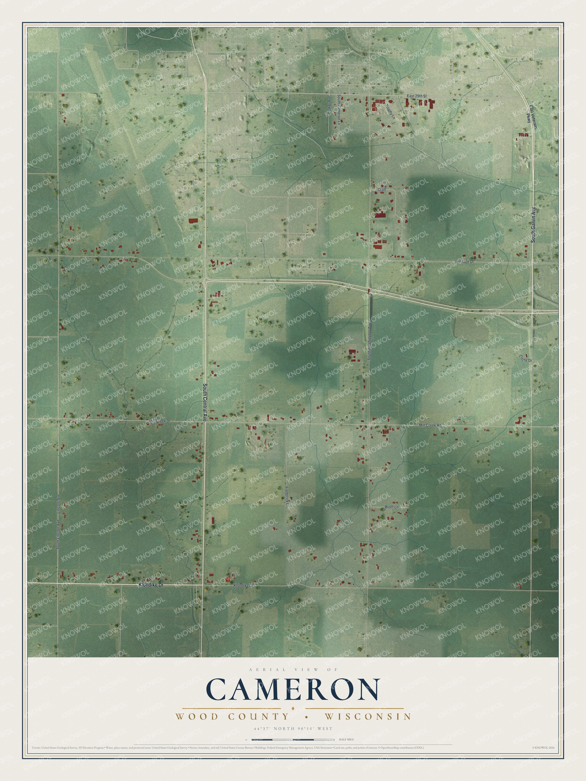 Full map of Cameron, Wisconsin, with red buildings, printed street names and the land around them