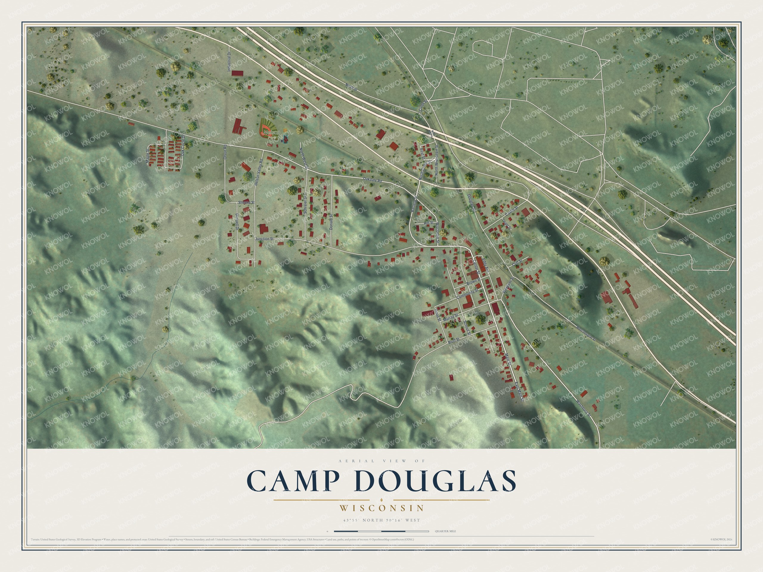 Full map of Camp Douglas, Wisconsin, with red buildings, printed street names and the land around them