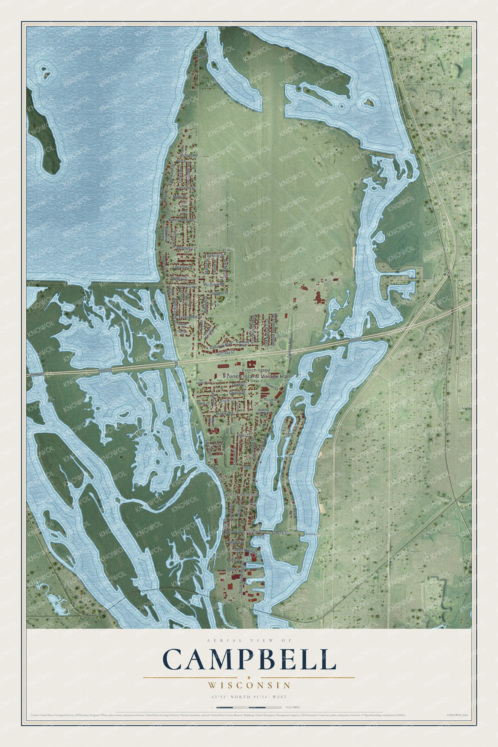 Full map of Campbell, Wisconsin, with red buildings, printed street names and the land around them