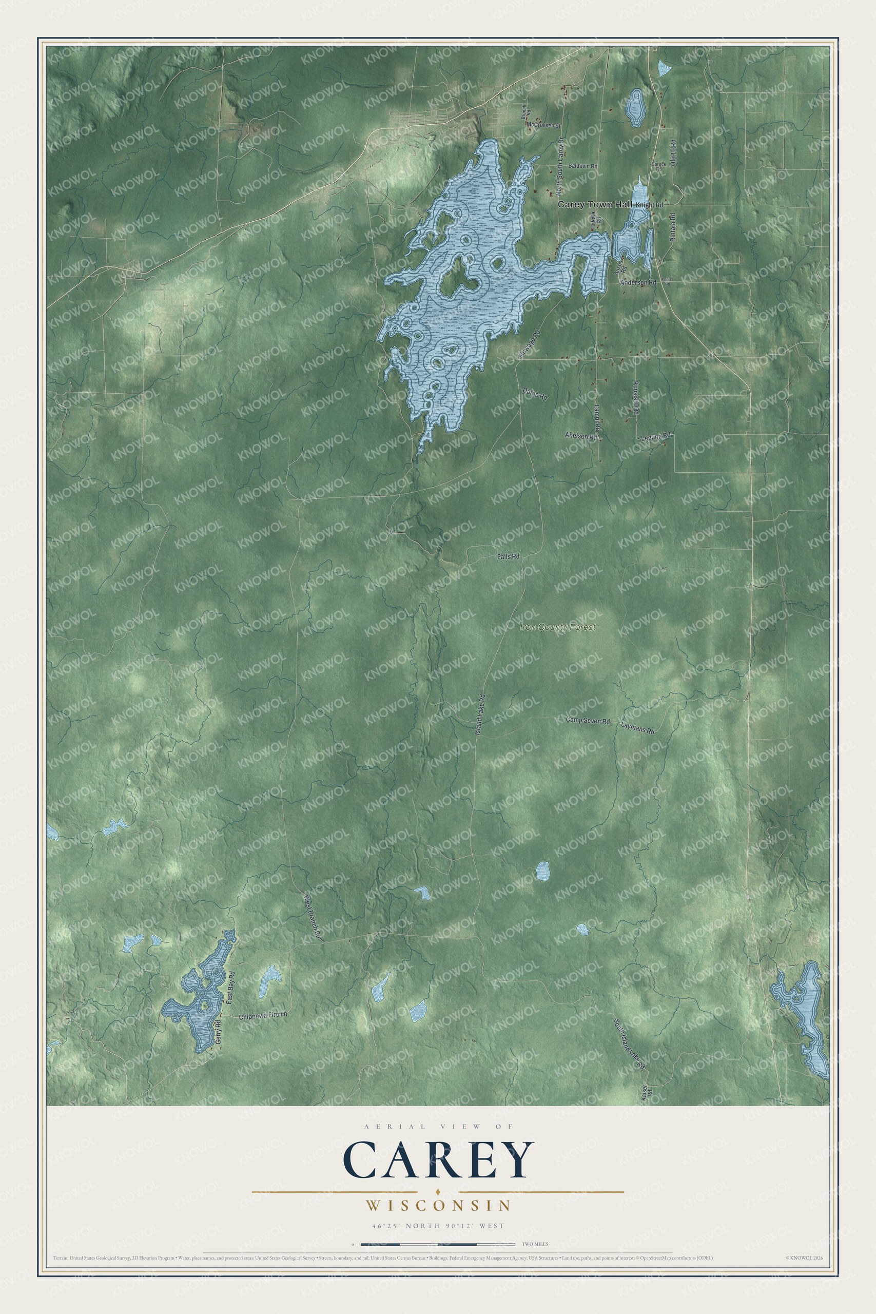 Full map of Carey, Wisconsin, with red buildings, printed street names and the land around them