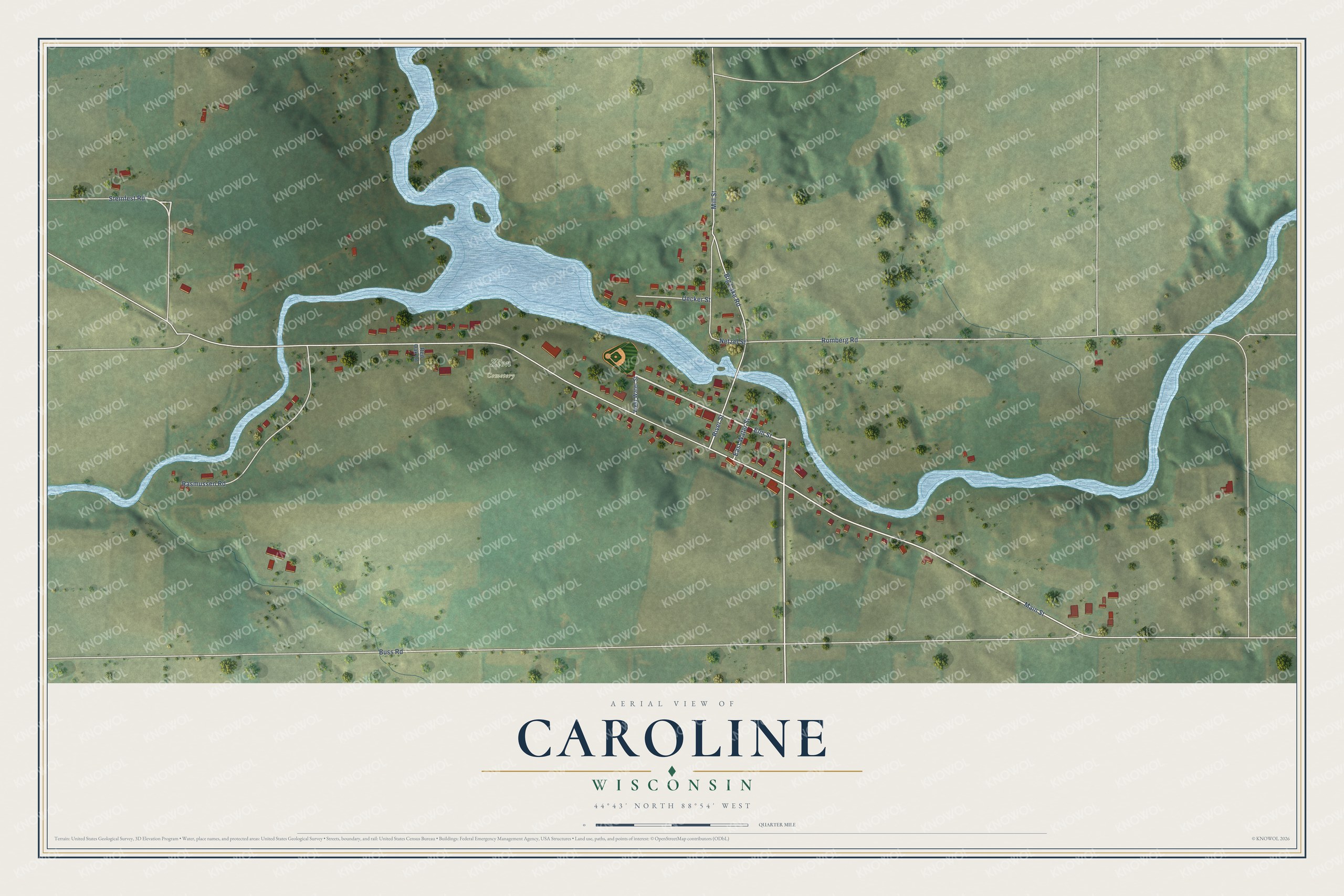 Full map of Caroline, Wisconsin, with red buildings, printed street names and the land around them