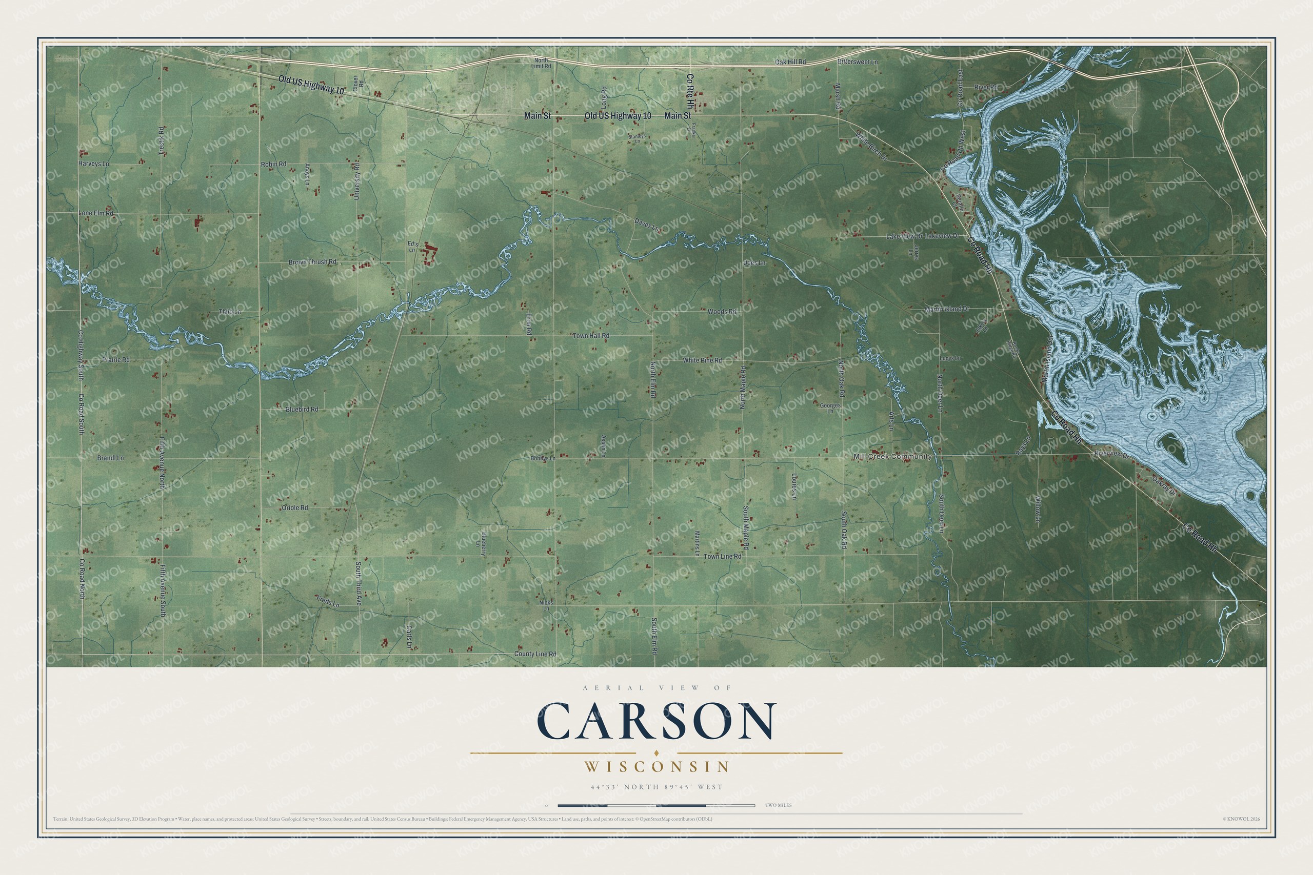 Full map of Carson, Wisconsin, with red buildings, printed street names and the land around them