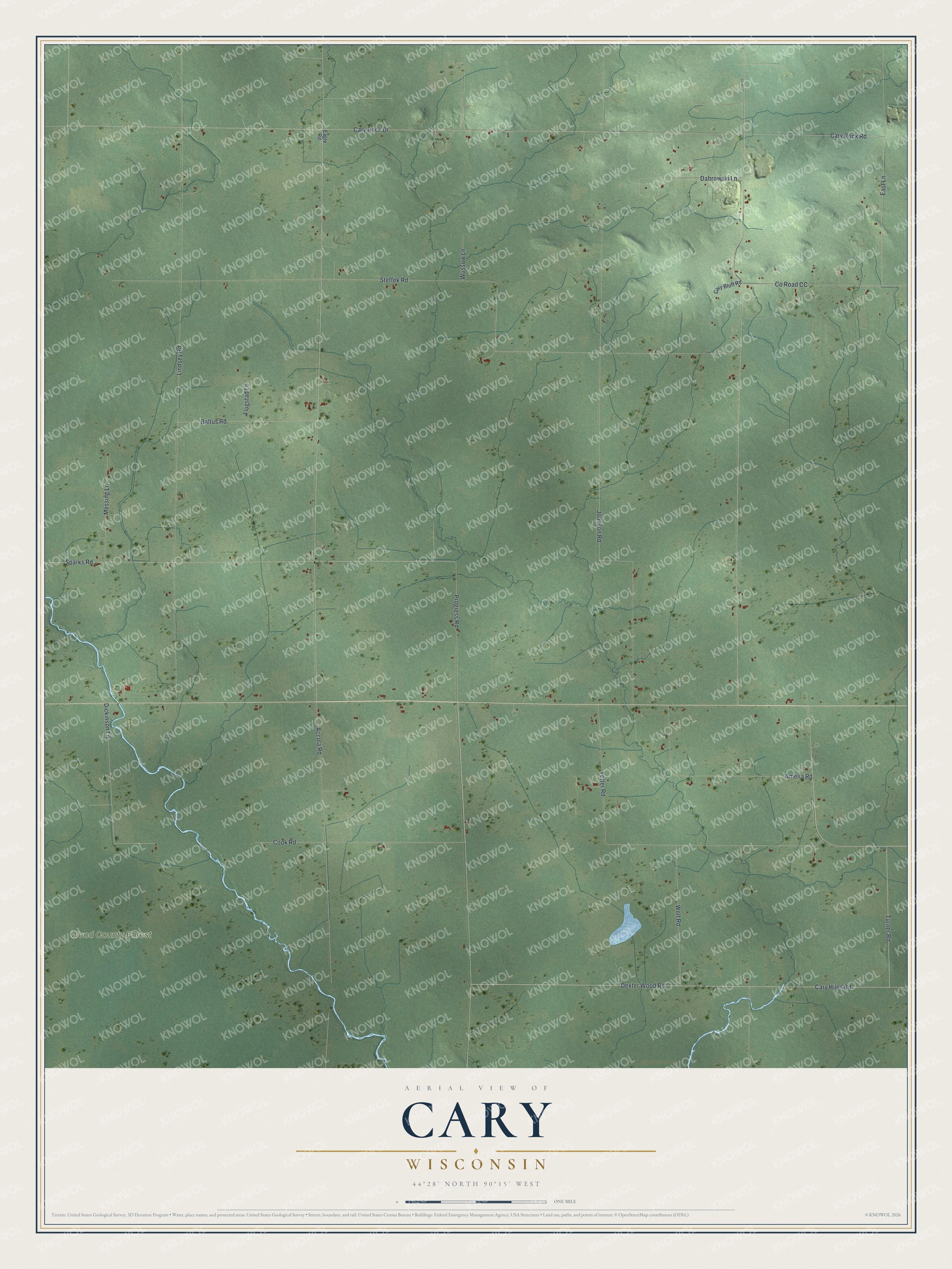 Full map of Cary, Wisconsin, with red buildings, printed street names and the land around them