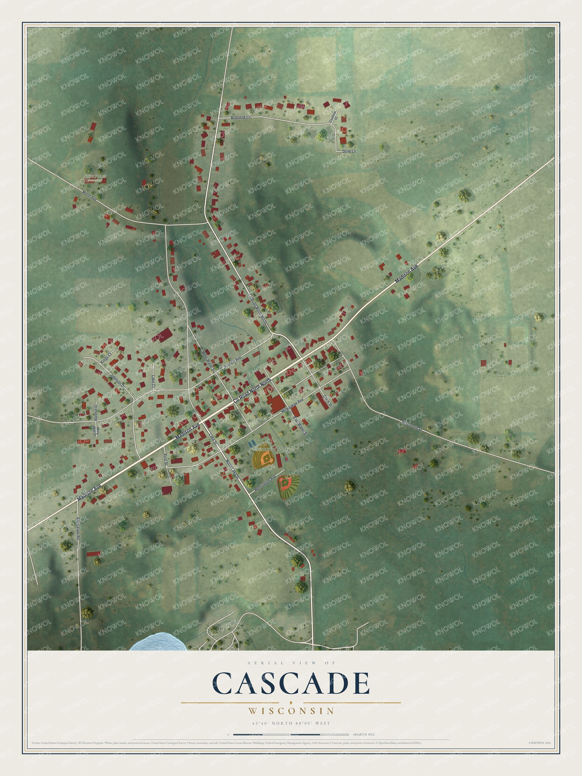 Full map of Cascade, Wisconsin, with red buildings, printed street names and the land around them