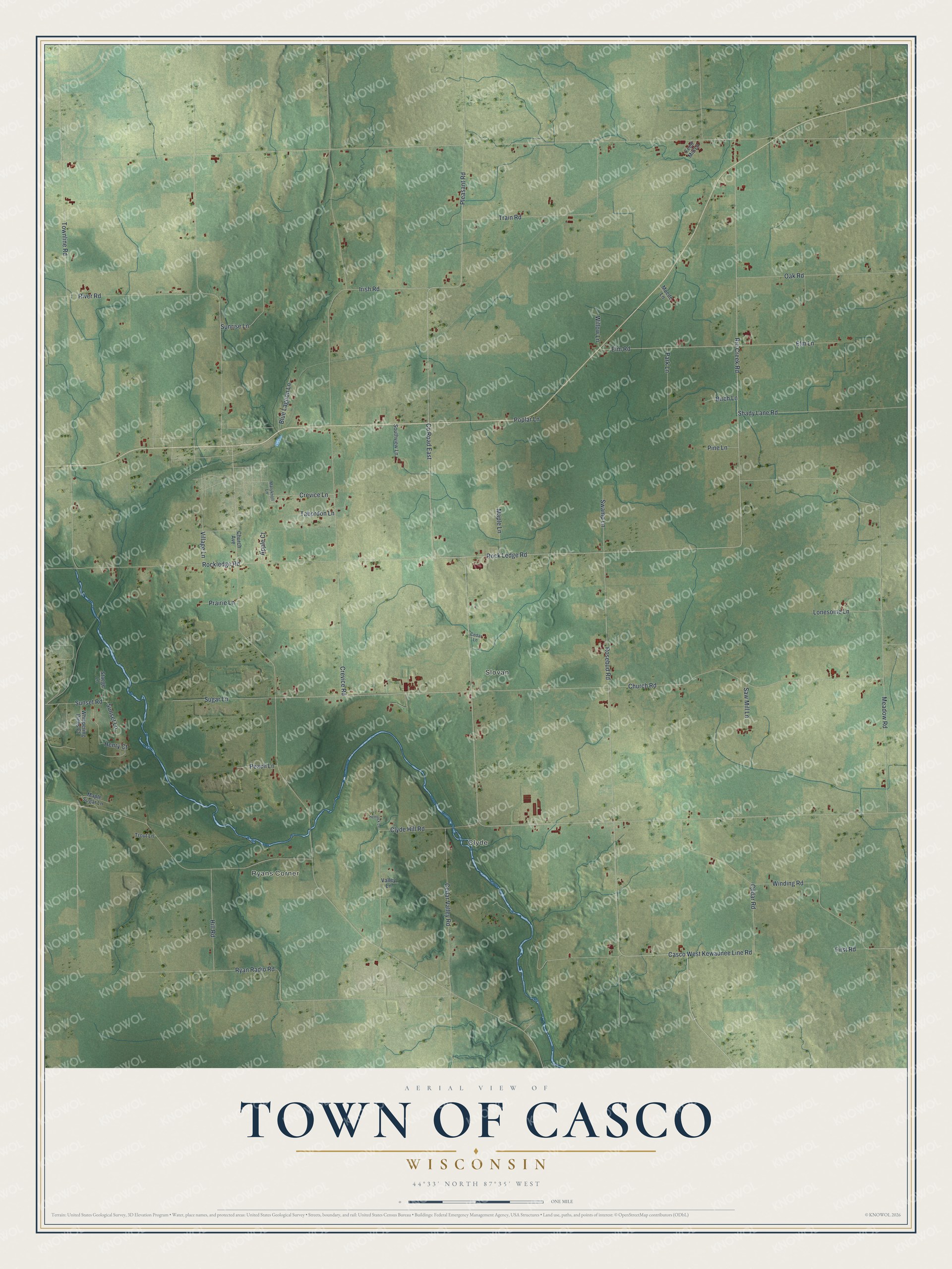 Full map of Casco, Wisconsin, with red buildings, printed street names and the land around them