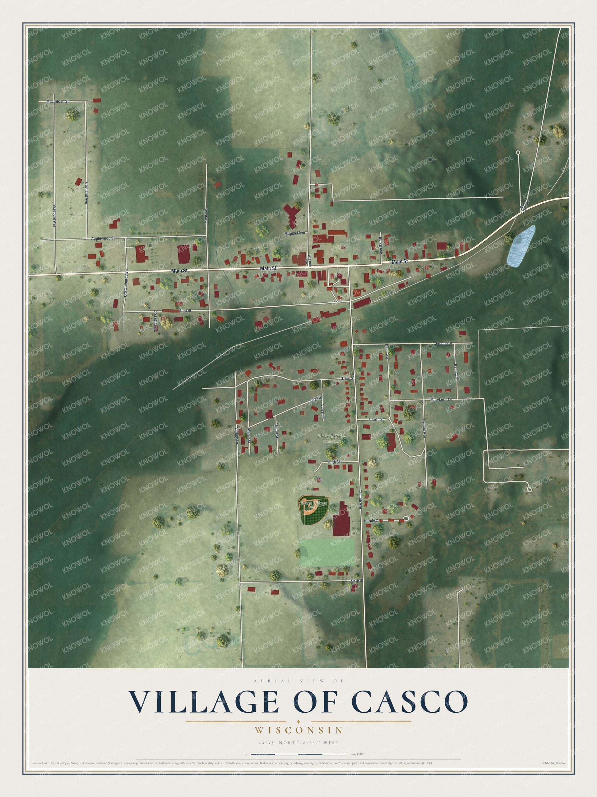 Full map of Casco, Wisconsin, with red buildings, printed street names and the land around them