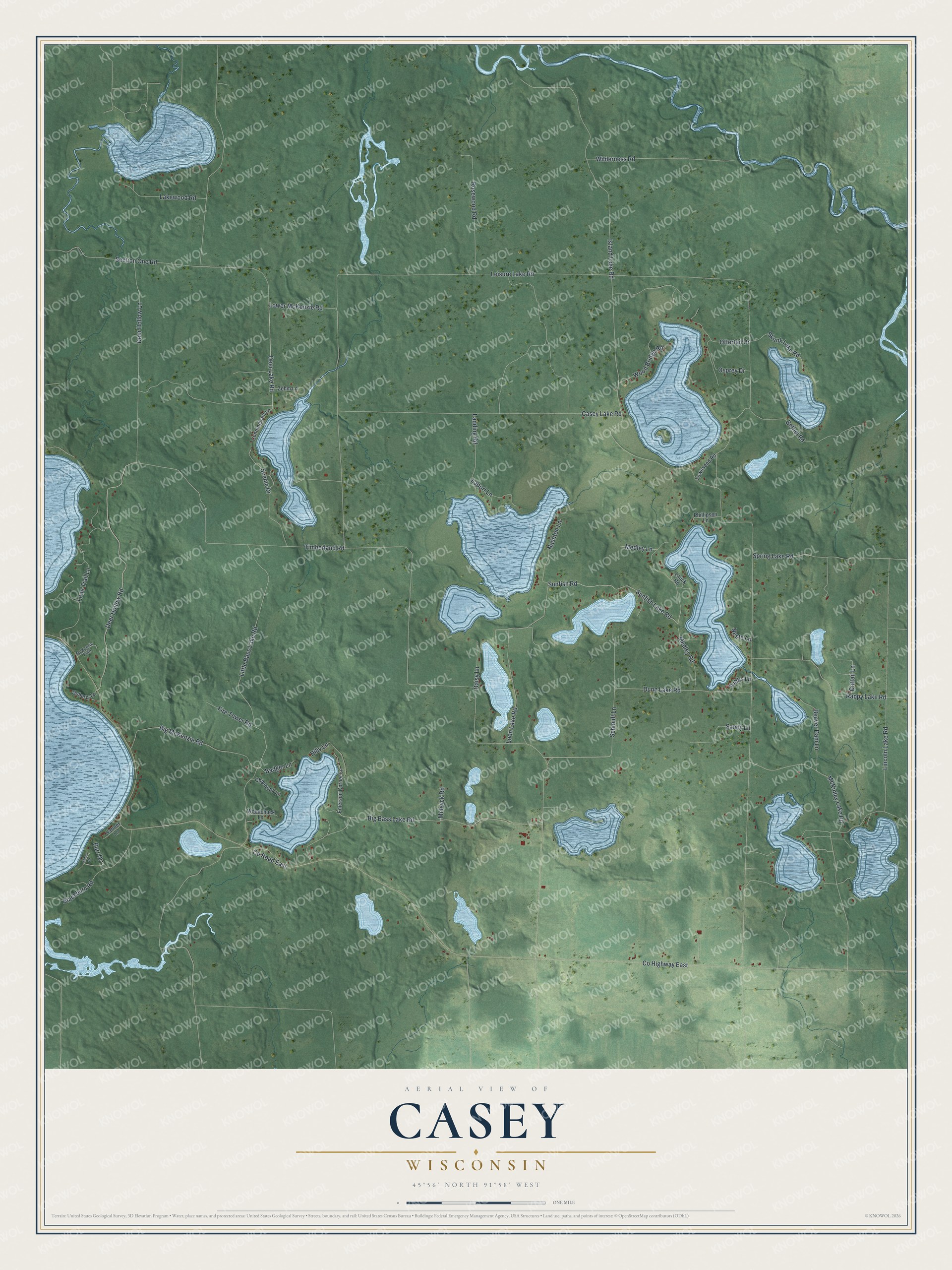 Full map of Casey, Wisconsin, with red buildings, printed street names and the land around them