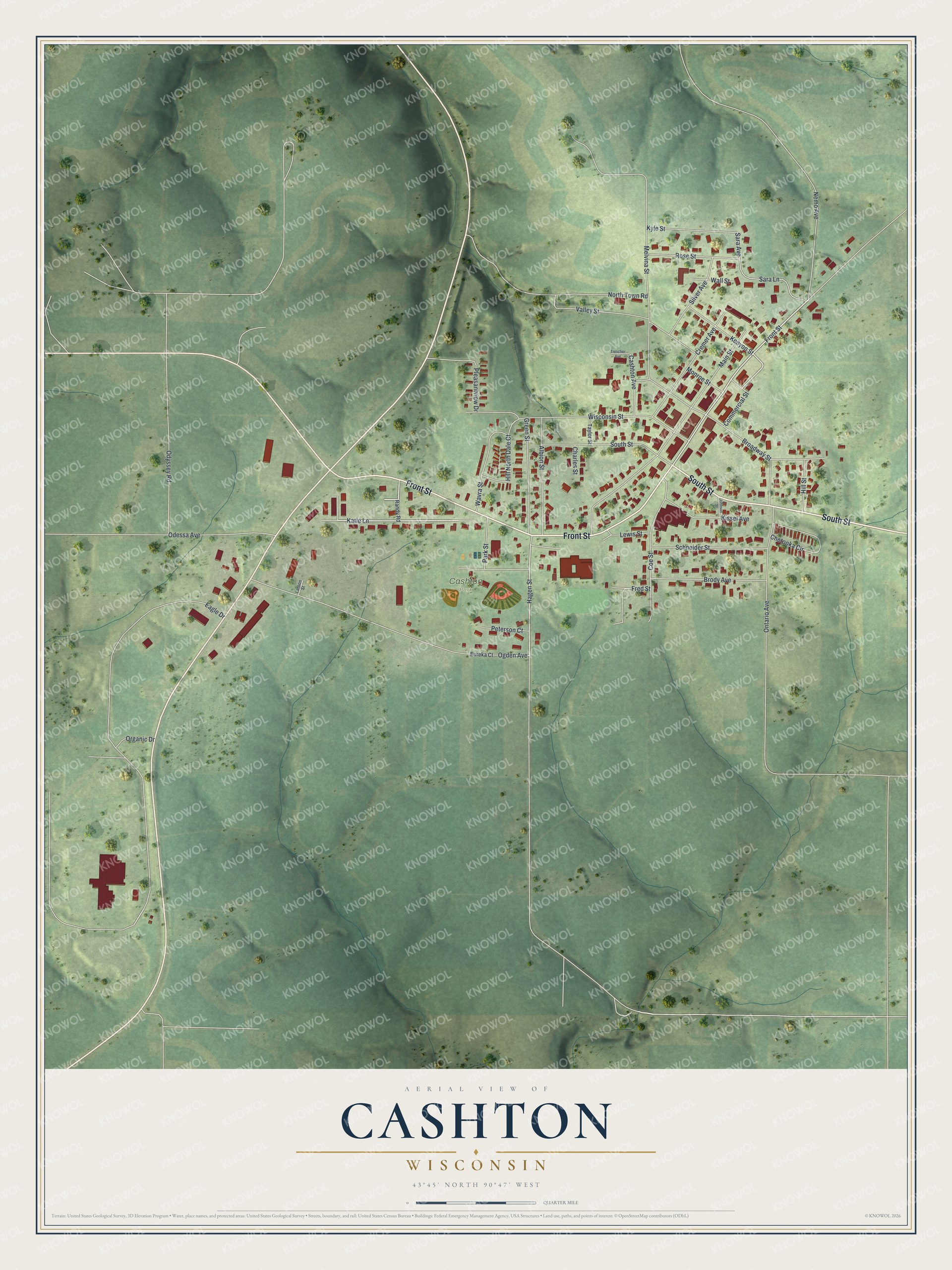 Full map of Cashton, Wisconsin, with red buildings, printed street names and the land around them