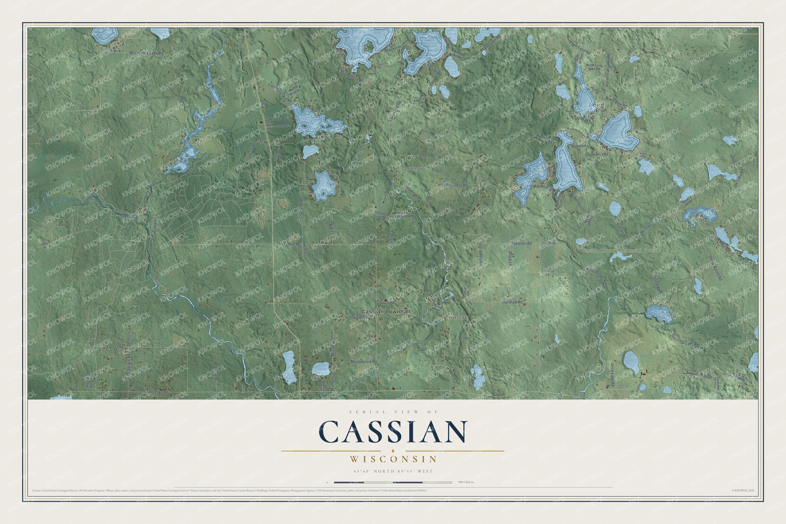 Full map of Cassian, Wisconsin, with red buildings, printed street names and the land around them