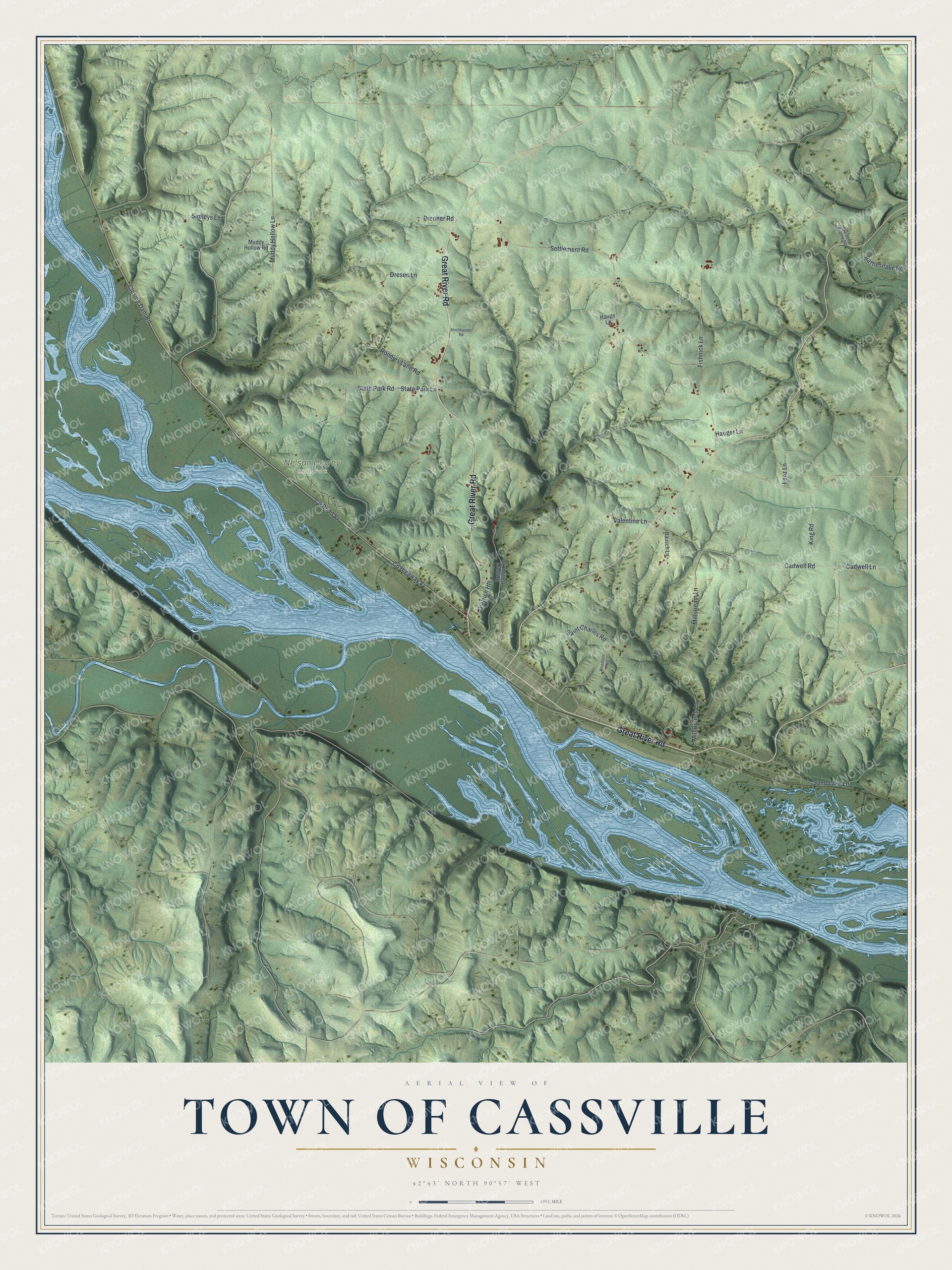 Full map of Cassville, Wisconsin, with red buildings, printed street names and the land around them