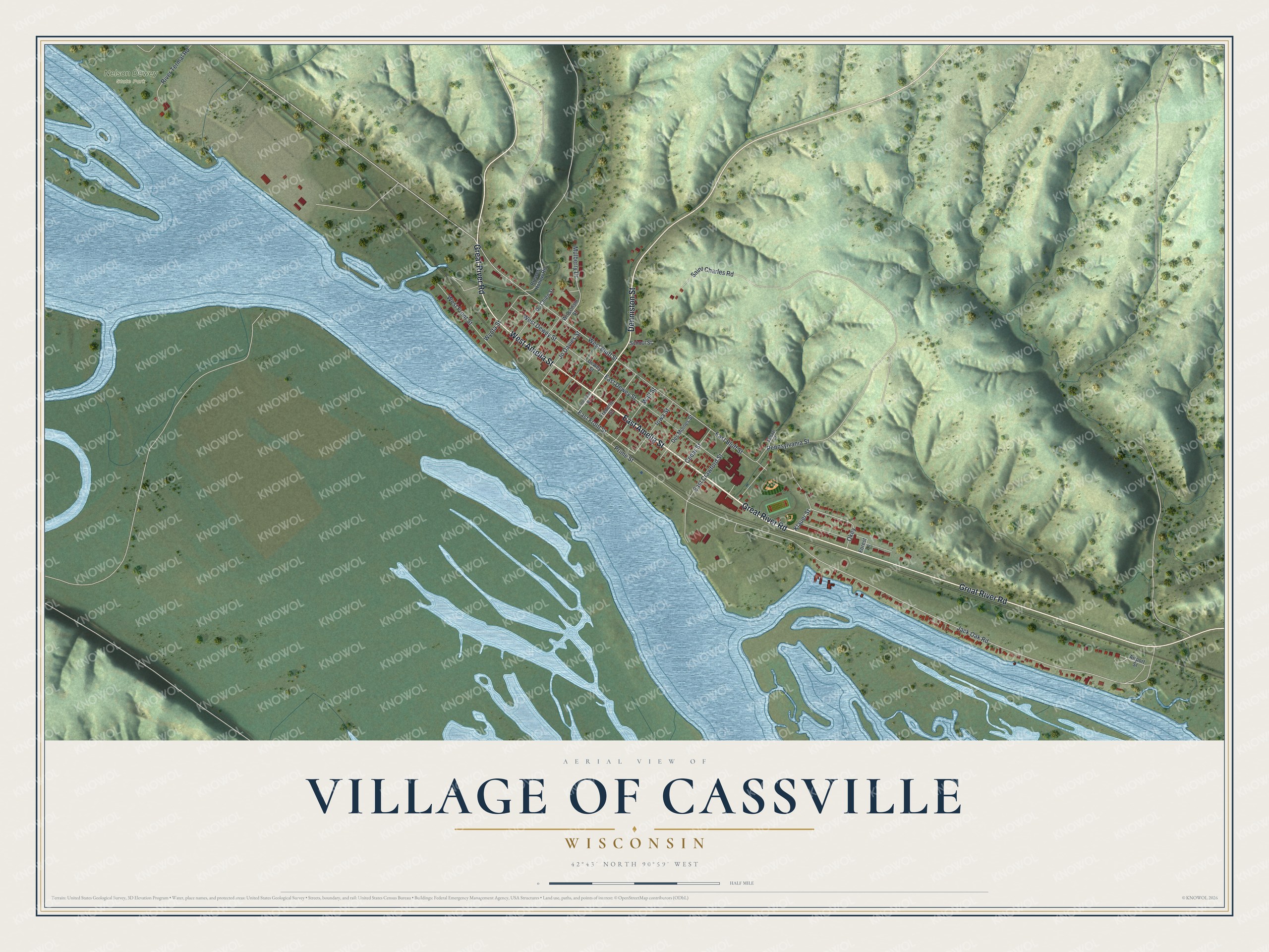 Full map of Cassville, Wisconsin, with red buildings, printed street names and the land around them