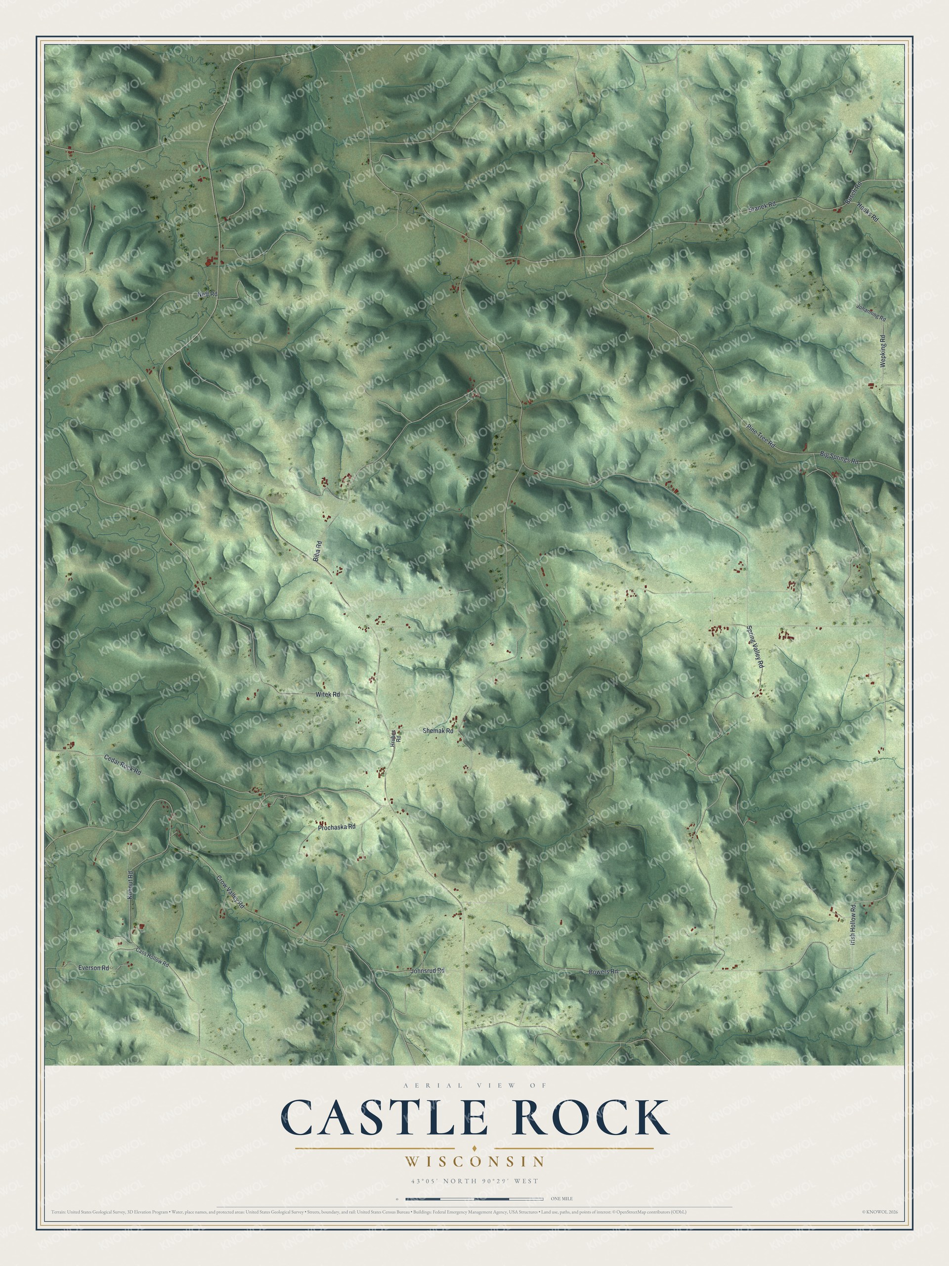 Full map of Castle Rock, Wisconsin, with red buildings, printed street names and the land around them