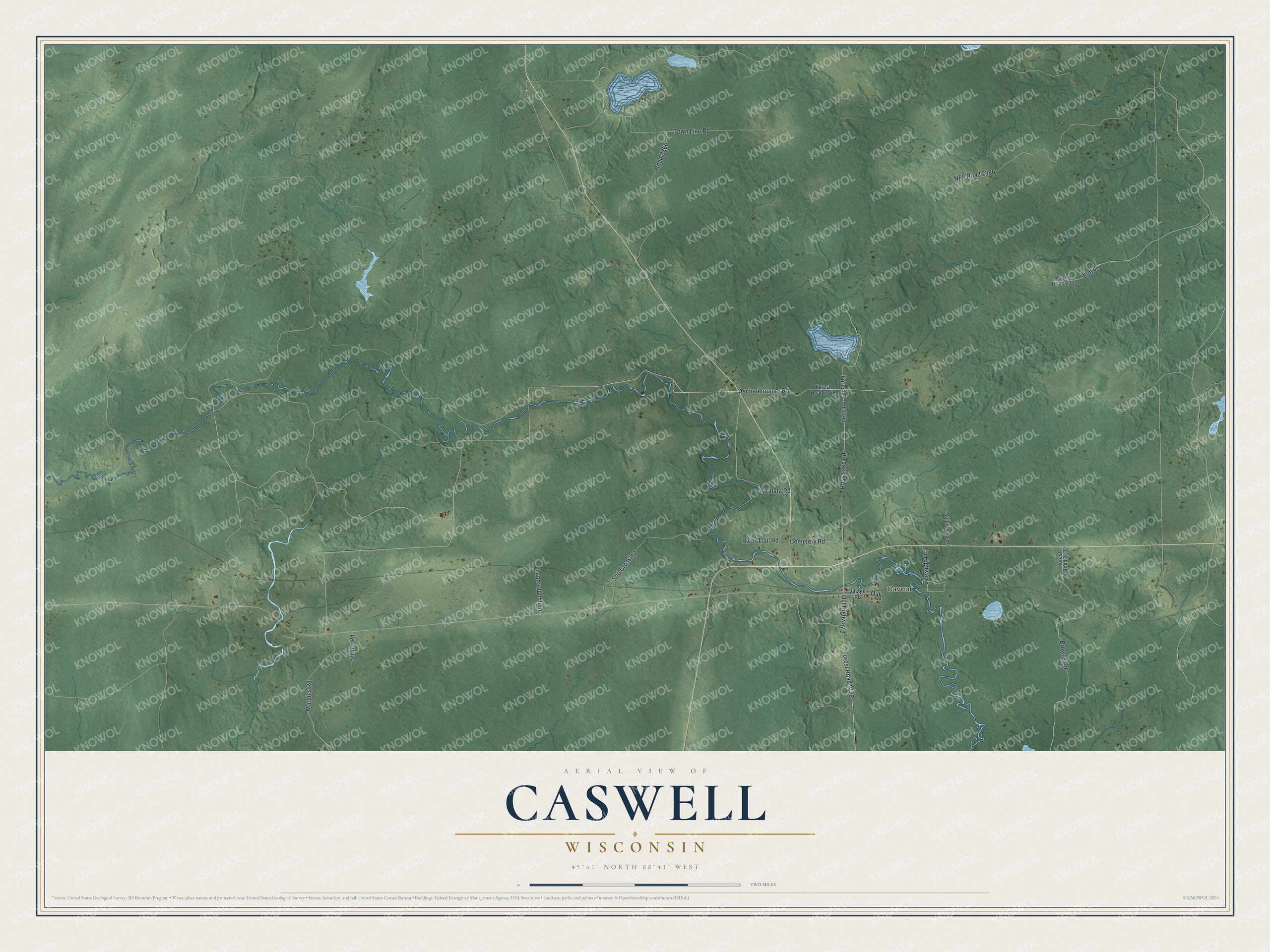 Full map of Caswell, Wisconsin, with red buildings, printed street names and the land around them