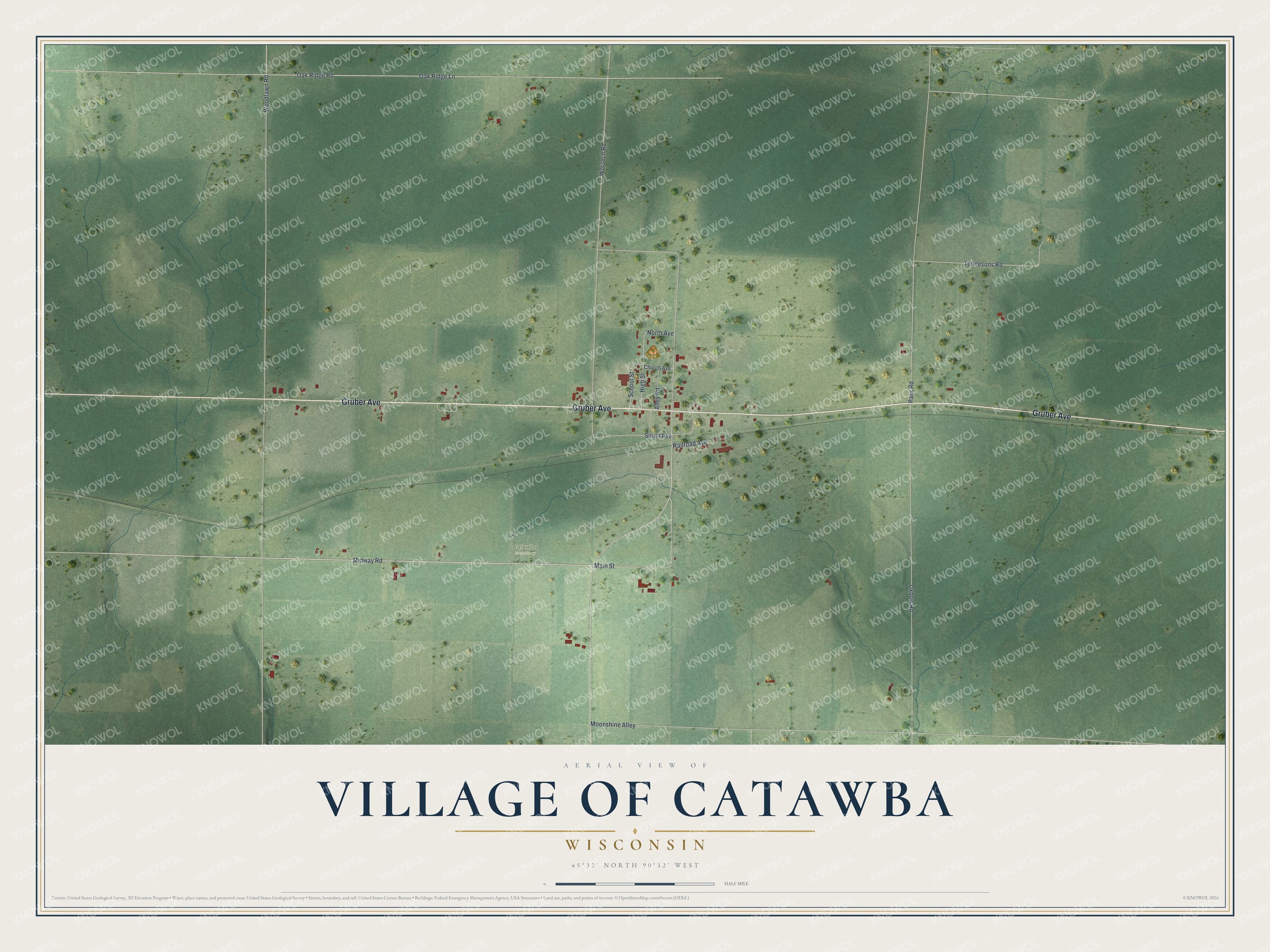 Full map of Catawba, Wisconsin, with red buildings, printed street names and the land around them
