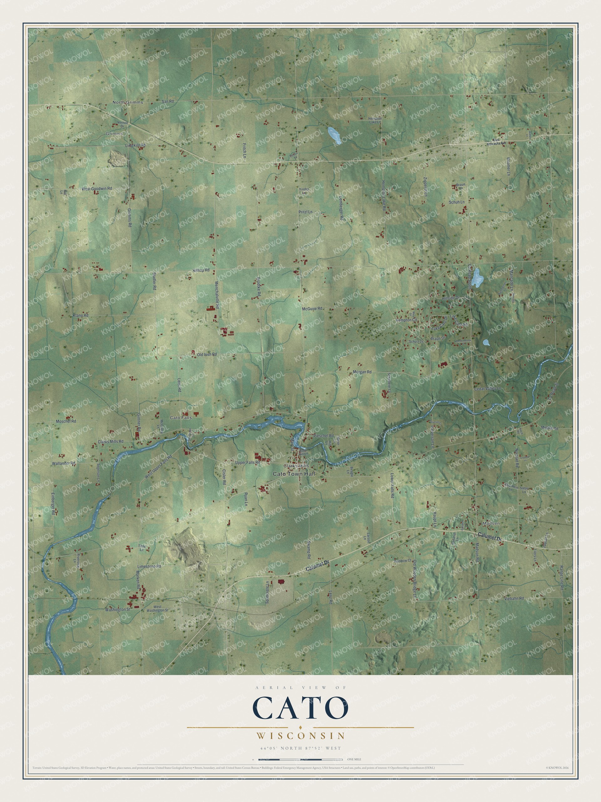 Full map of Cato, Wisconsin, with red buildings, printed street names and the land around them