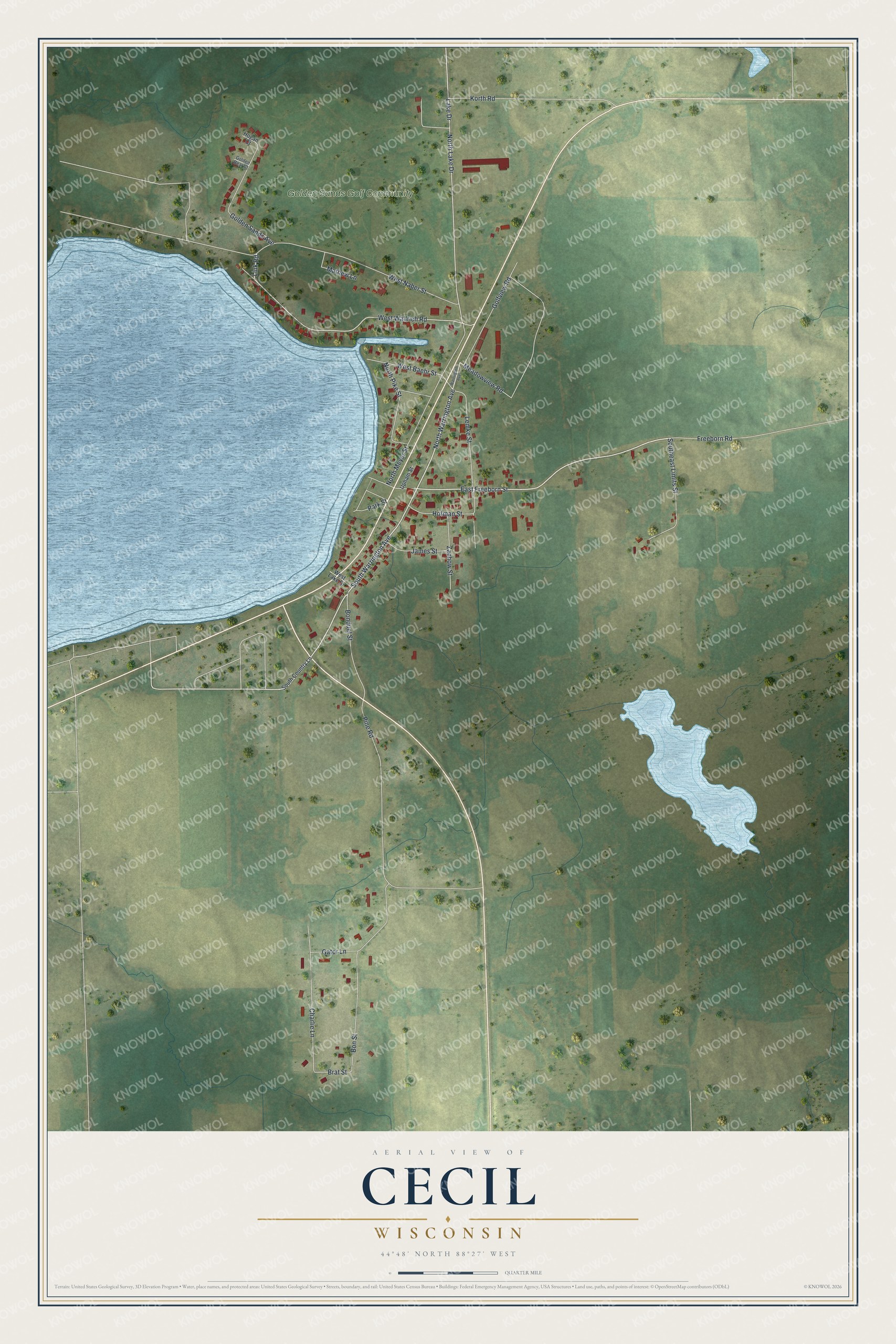 Full map of Cecil, Wisconsin, with red buildings, printed street names and the land around them