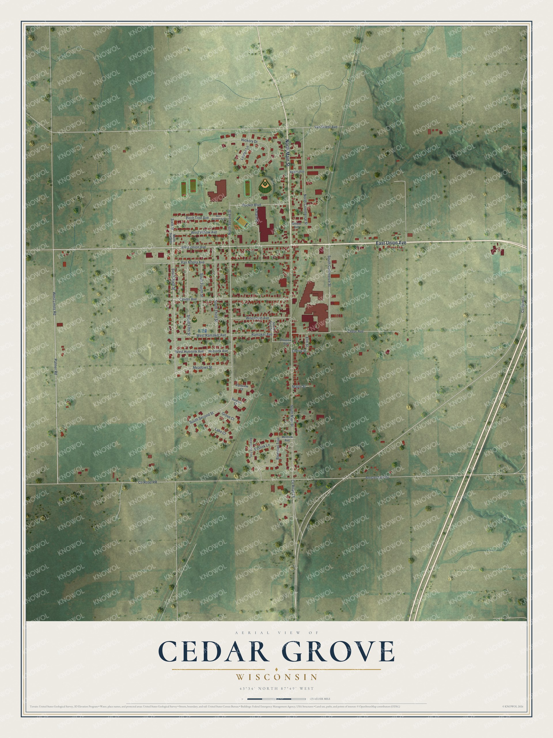 Full map of Cedar Grove, Wisconsin, with red buildings, printed street names and the land around them