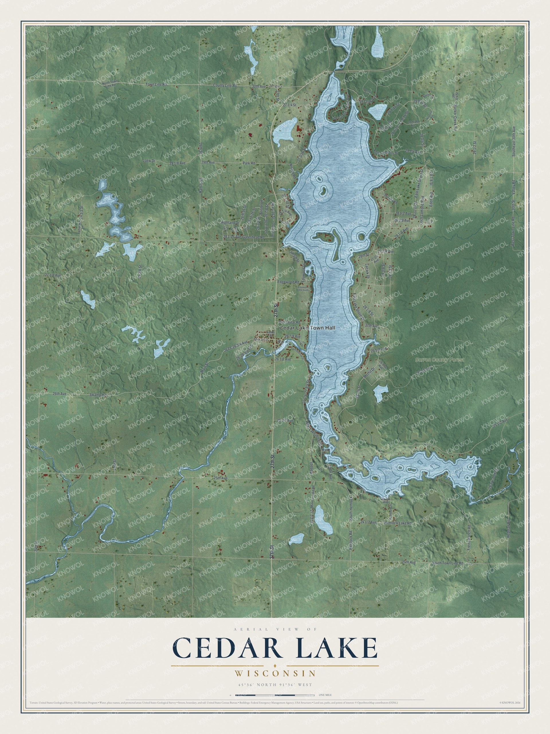 Full map of Cedar Lake, Wisconsin, with red buildings, printed street names and the land around them