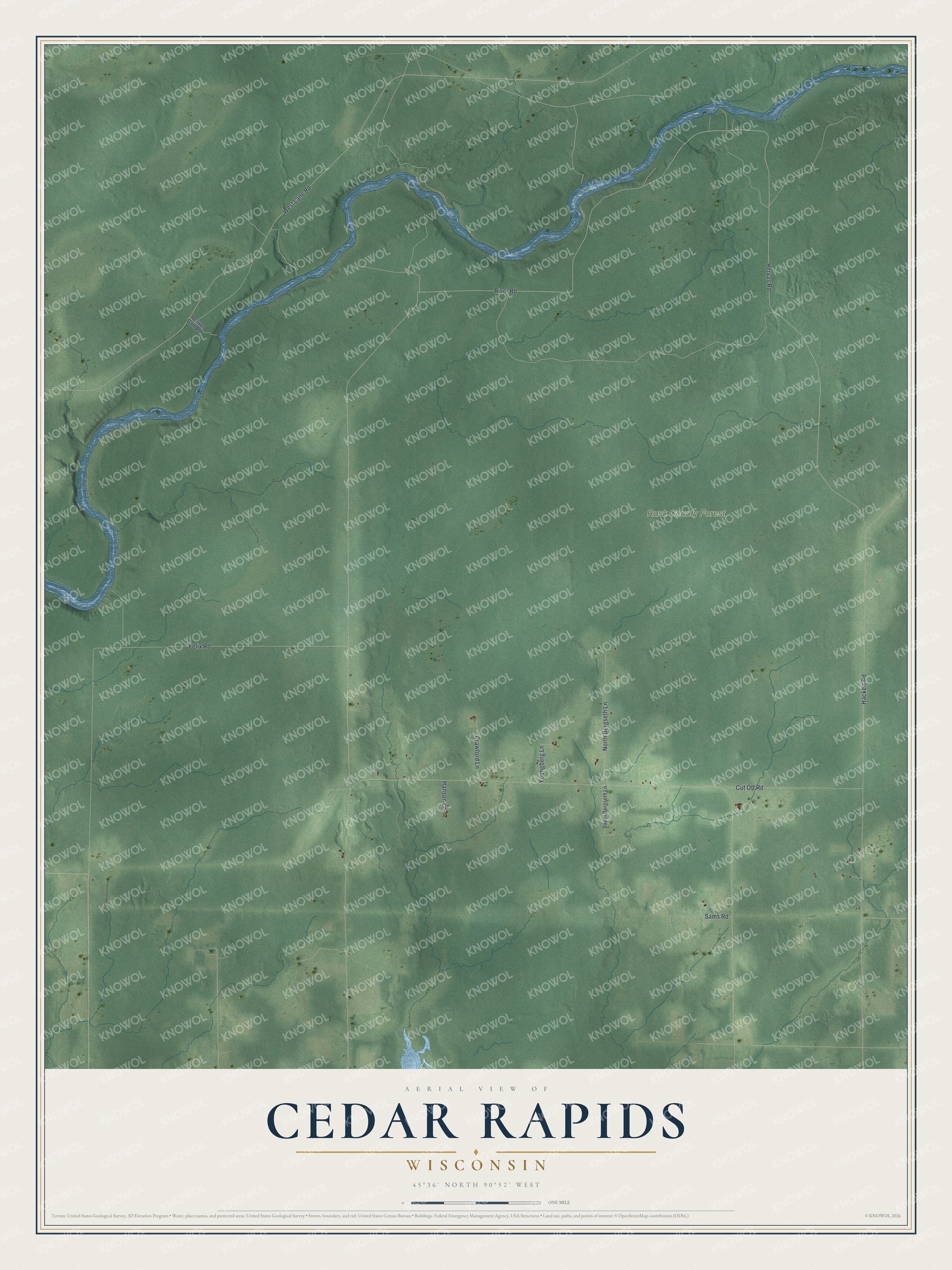 Full map of Cedar Rapids, Wisconsin, with red buildings, printed street names and the land around them