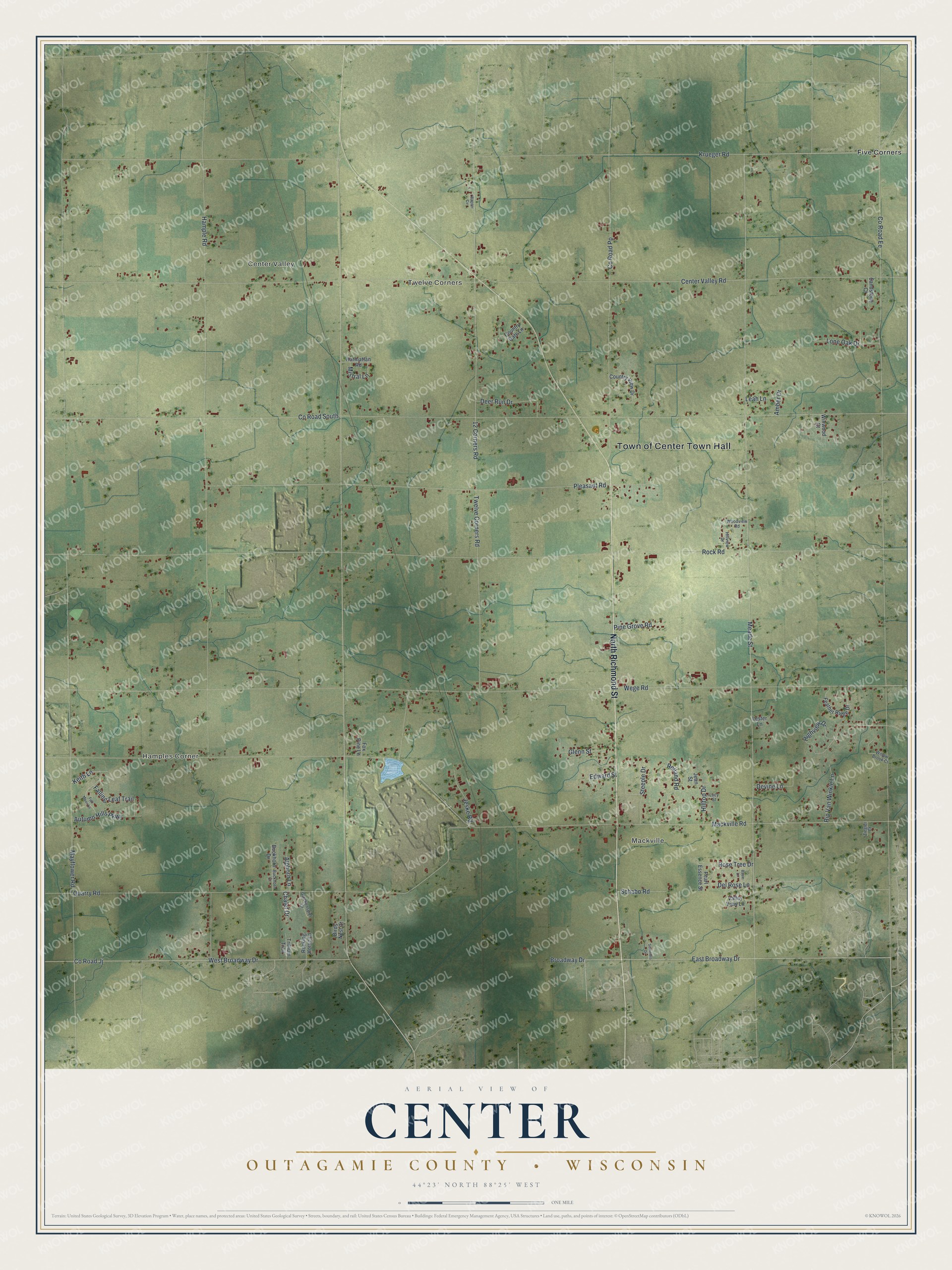 Full map of Center, Wisconsin, with red buildings, printed street names and the land around them