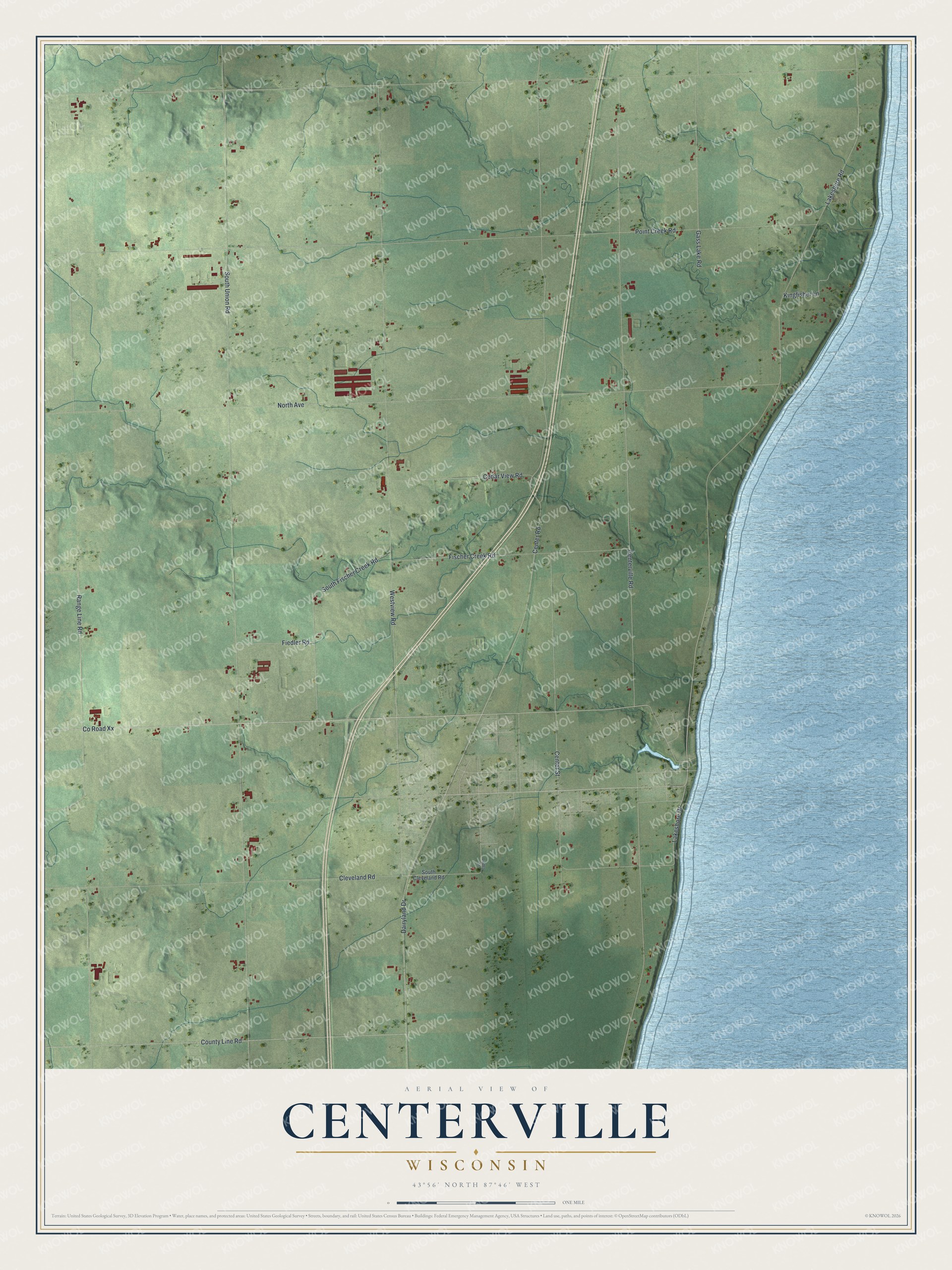 Full map of Centerville, Wisconsin, with red buildings, printed street names and the land around them