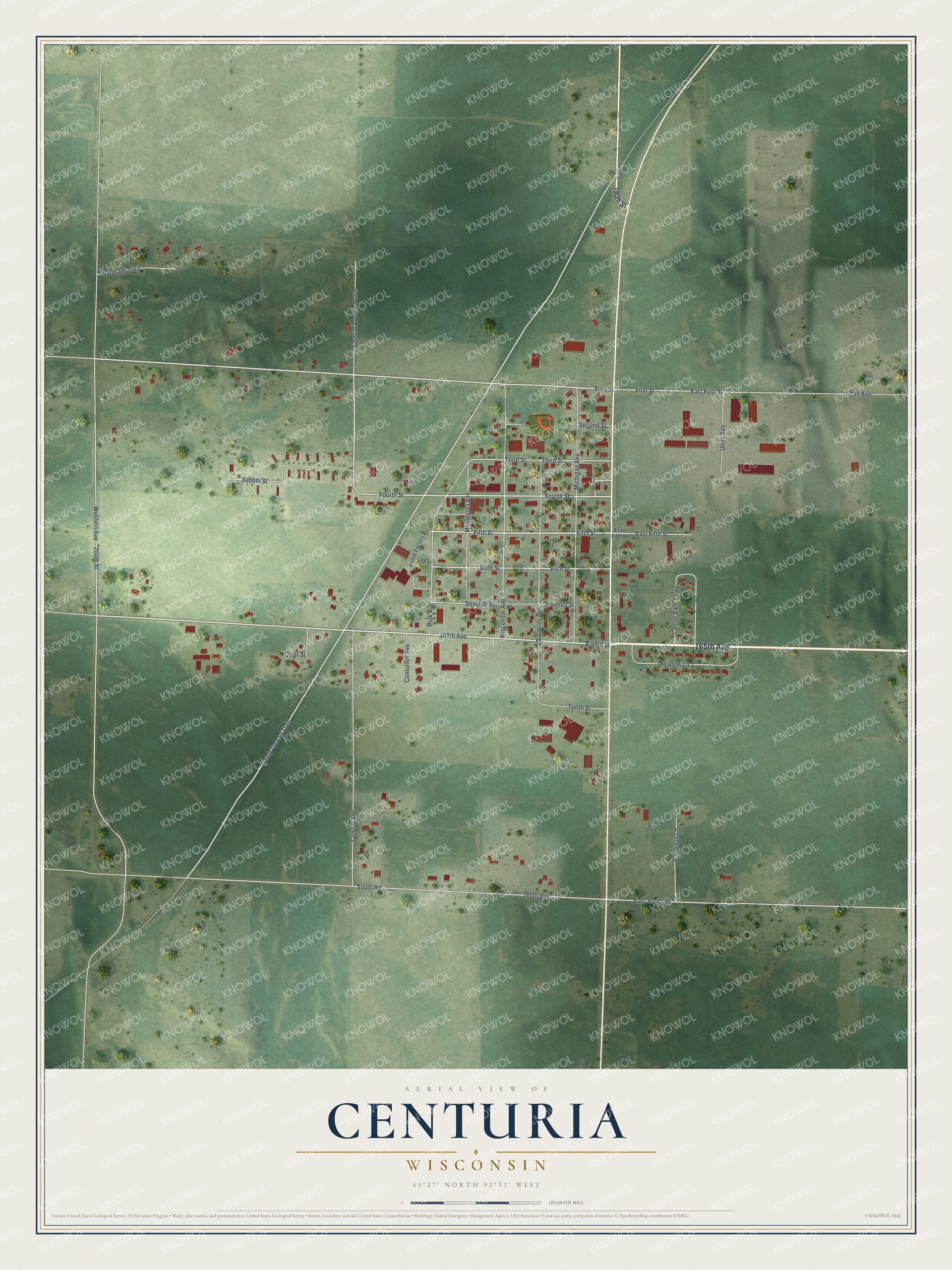 Full map of Centuria, Wisconsin, with red buildings, printed street names and the land around them
