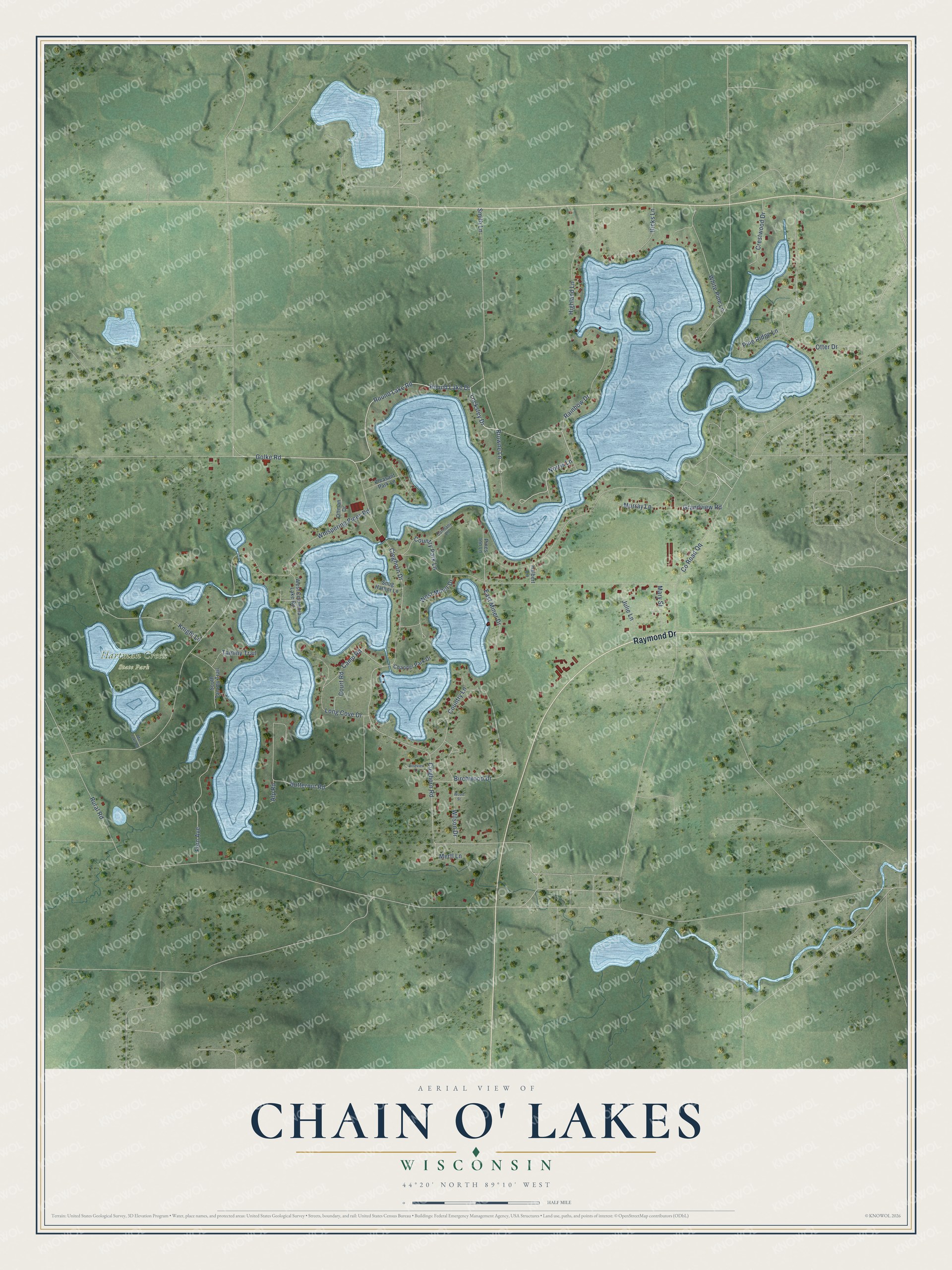 Full map of Chain O' Lakes, Wisconsin, with red buildings, printed street names and the land around them