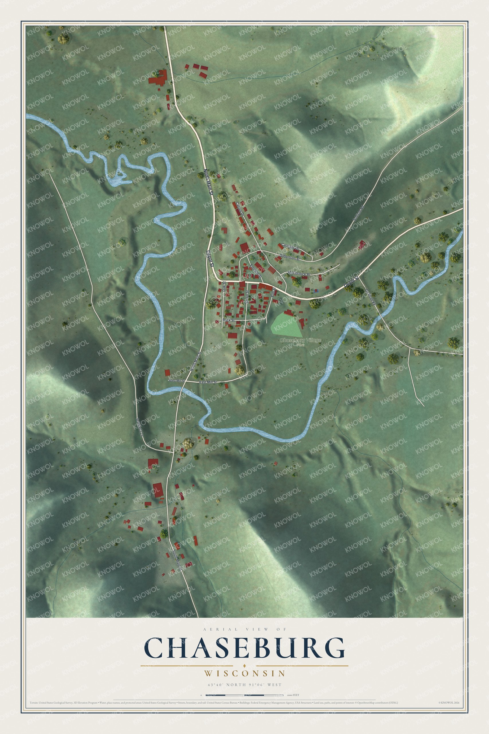 Full map of Chaseburg, Wisconsin, with red buildings, printed street names and the land around them