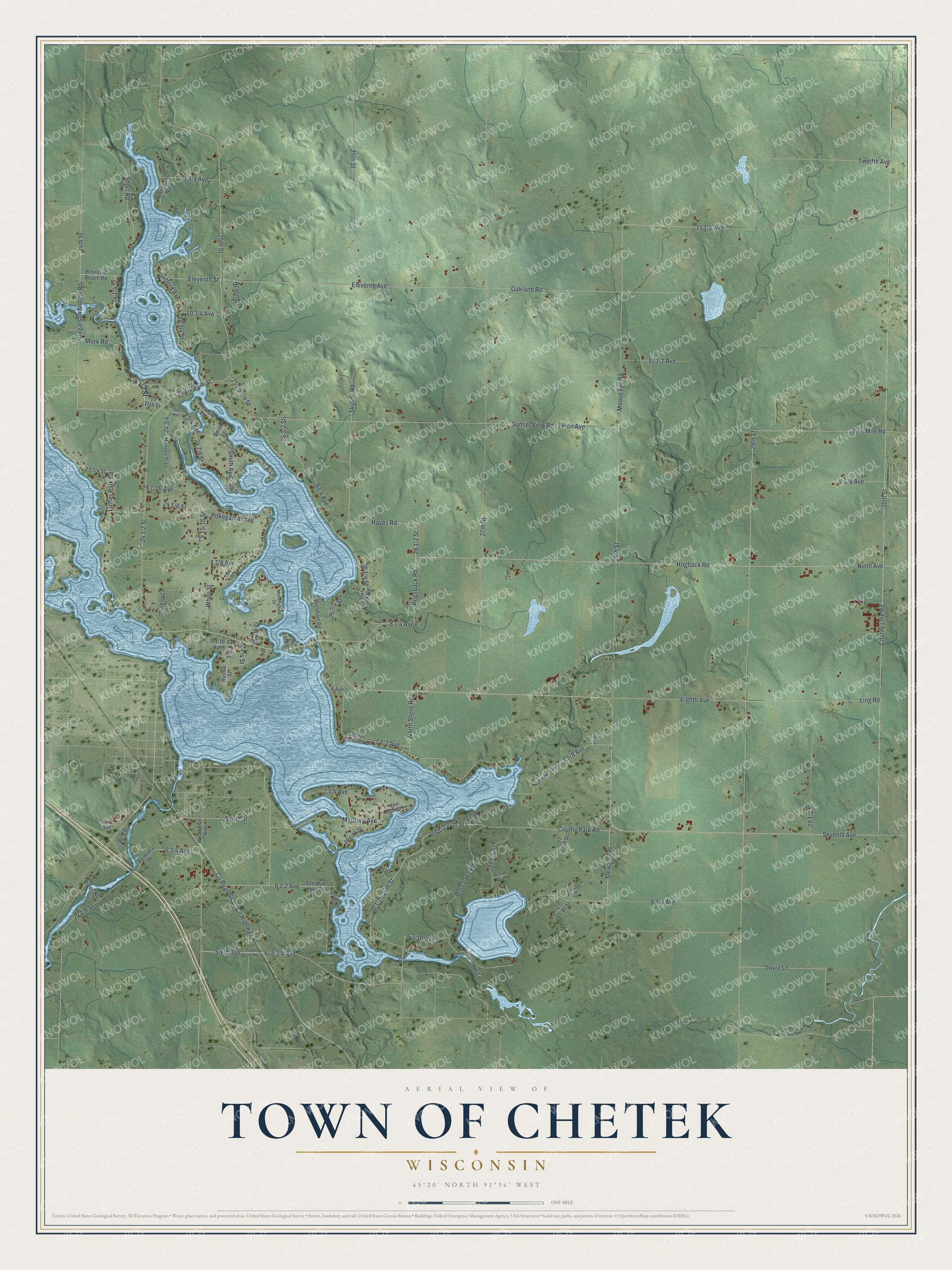 Full map of Chetek, Wisconsin, with red buildings, printed street names and the land around them
