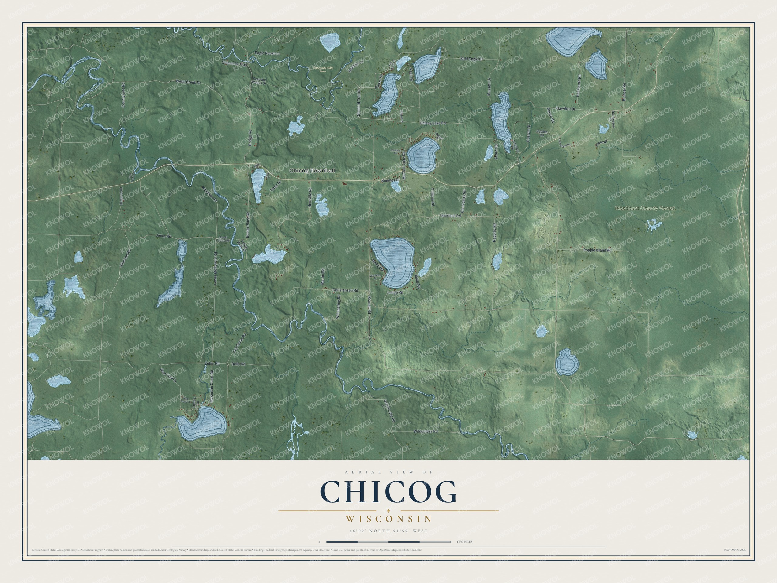 Full map of Chicog, Wisconsin, with red buildings, printed street names and the land around them