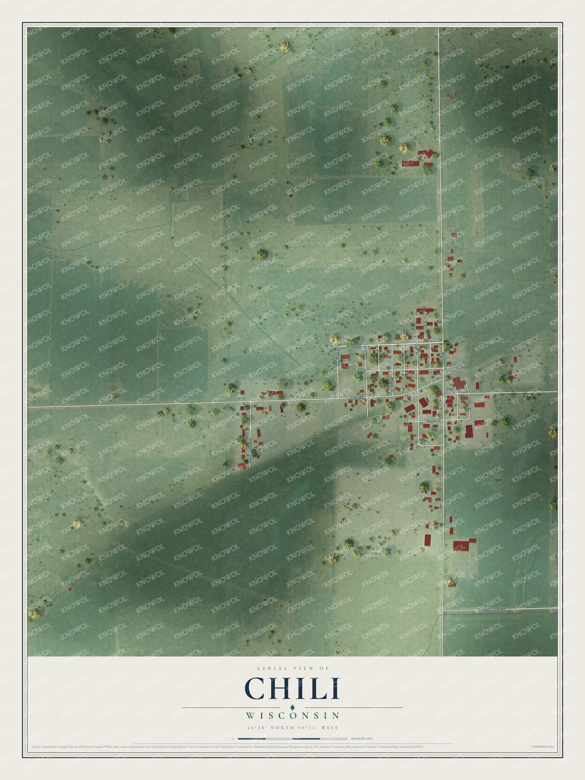 Full map of Chili, Wisconsin, with red buildings, printed street names and the land around them