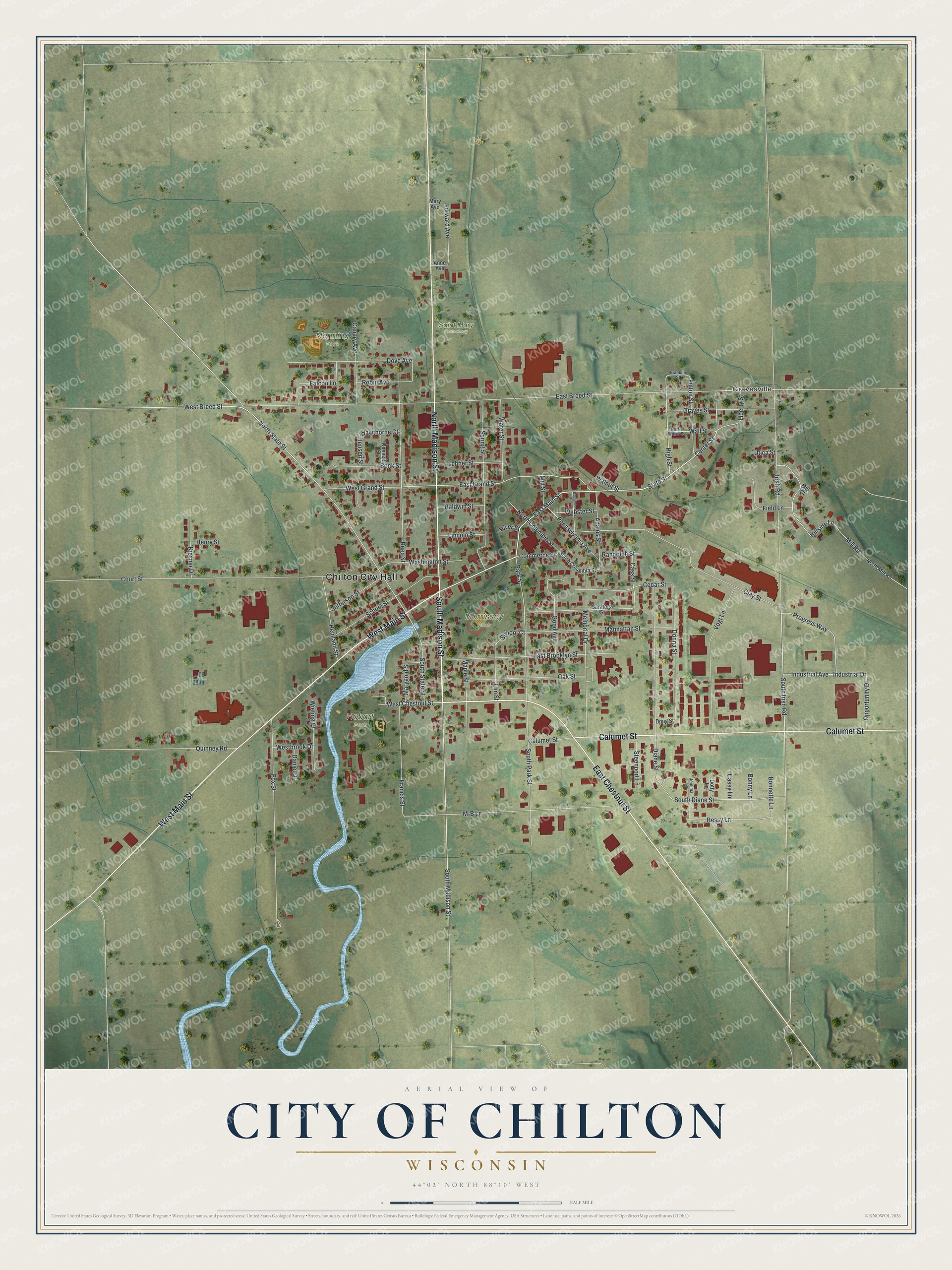 Full map of Chilton, Wisconsin, with red buildings, printed street names and the land around them