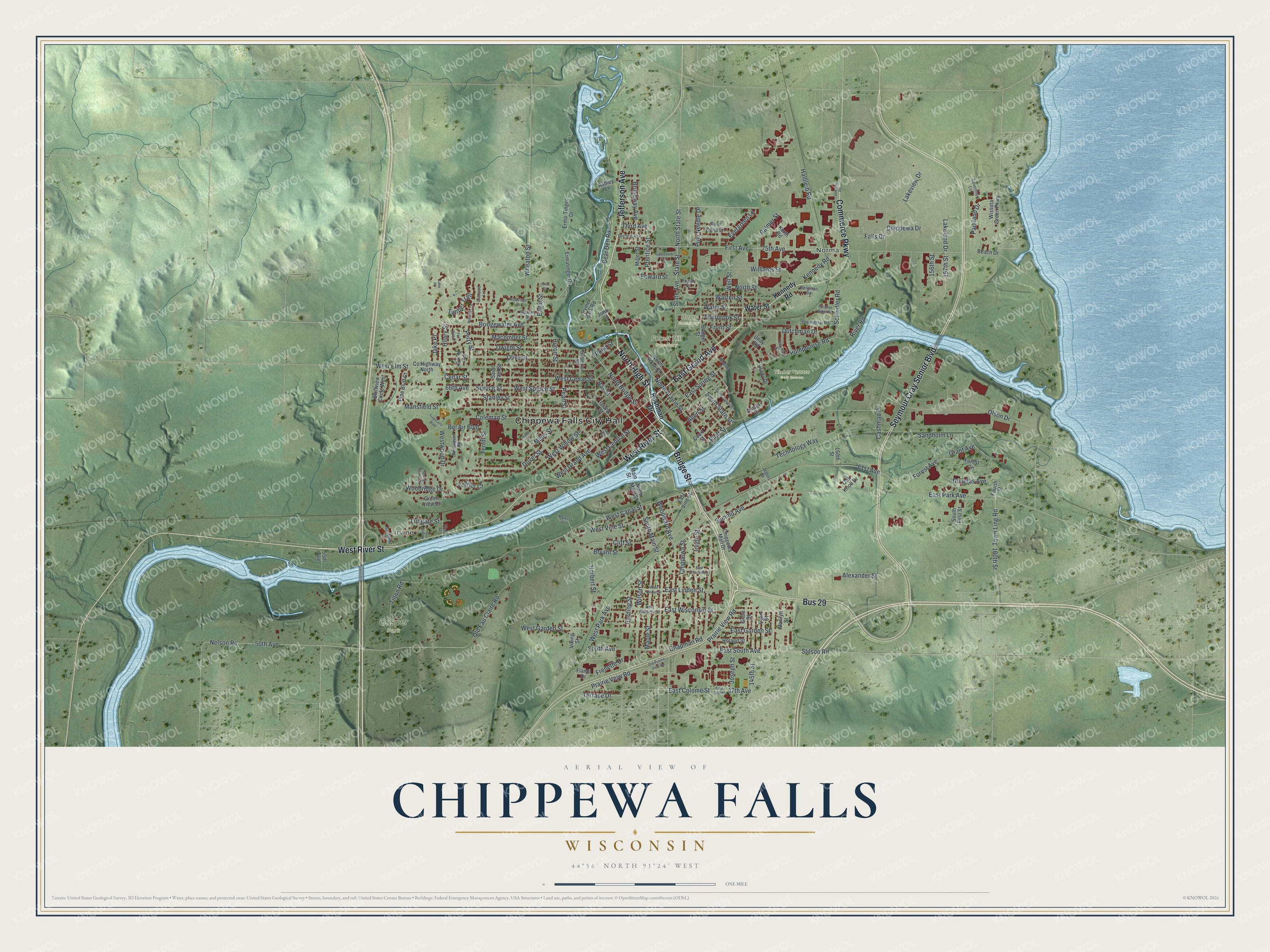 Full map of Chippewa Falls, Wisconsin, with red buildings, printed street names and the land around them