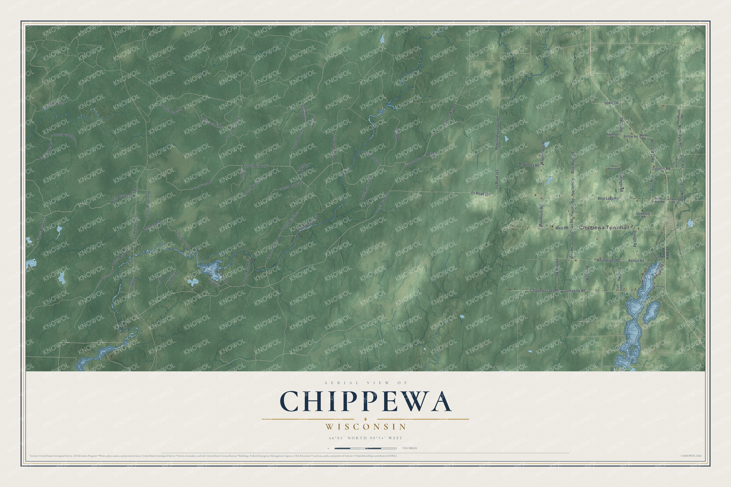 Full map of Chippewa, Wisconsin, with red buildings, printed street names and the land around them