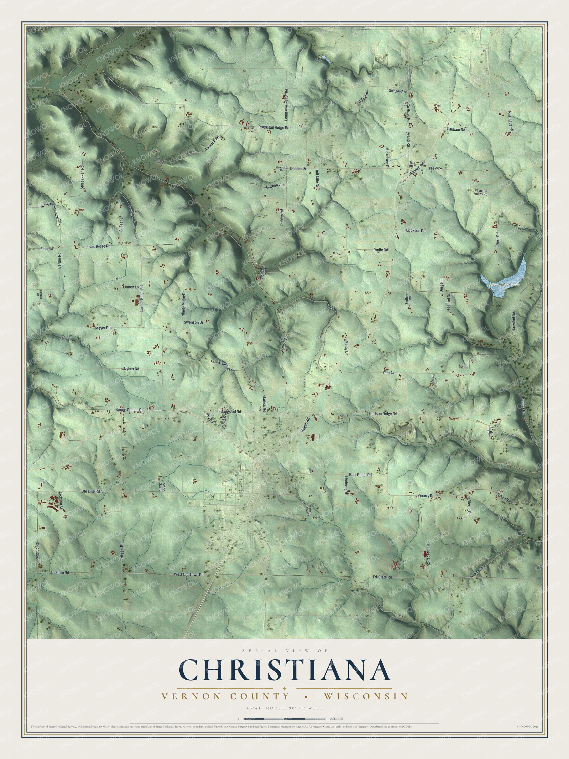 Full map of Christiana, Wisconsin, with red buildings, printed street names and the land around them