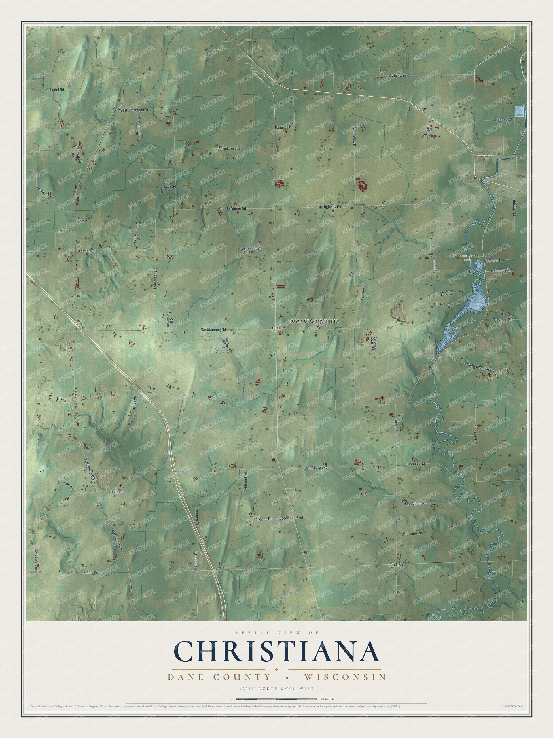 Full map of Christiana, Wisconsin, with red buildings, printed street names and the land around them